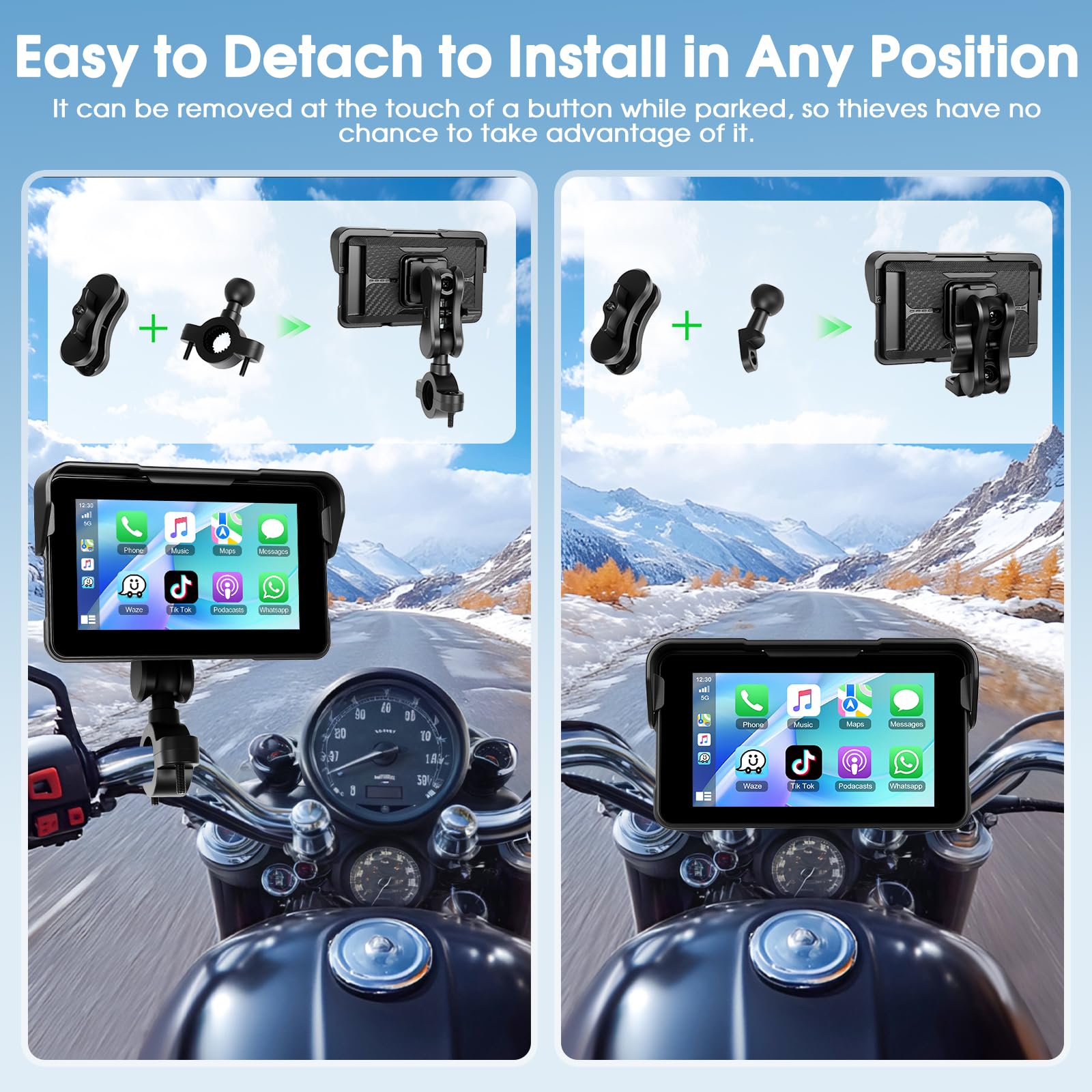 Navegación para Motocicleta con Apple Carplay Android Auto Inalámbrico, Autoradio Portátil con Pantalla Táctil HD De 5 Pulgadas con Bluetooth FM, Impermeable IP68, Navegación GPS, Tarjeta TF
