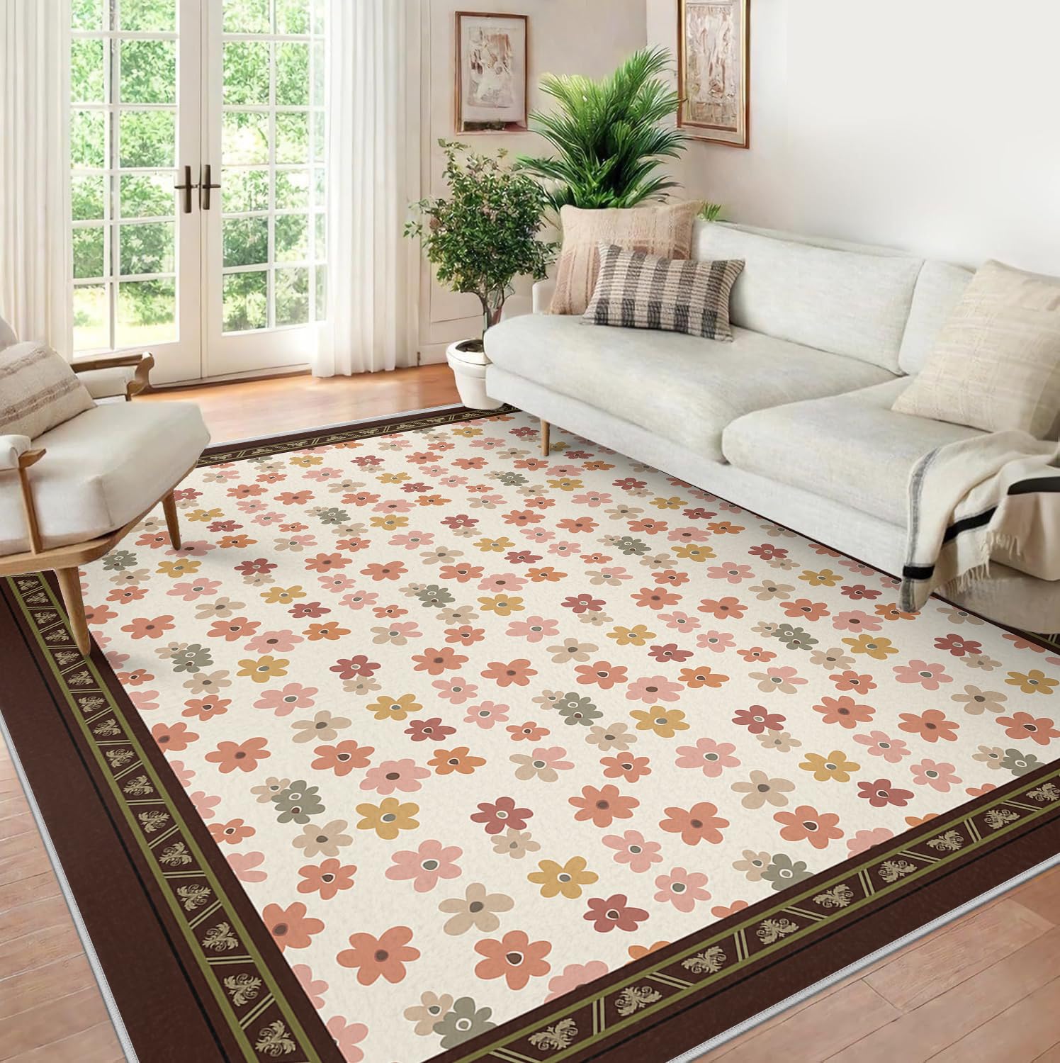 Tapis de sol salon 160x230 lavable avec motif feuille d'acanthe bleu