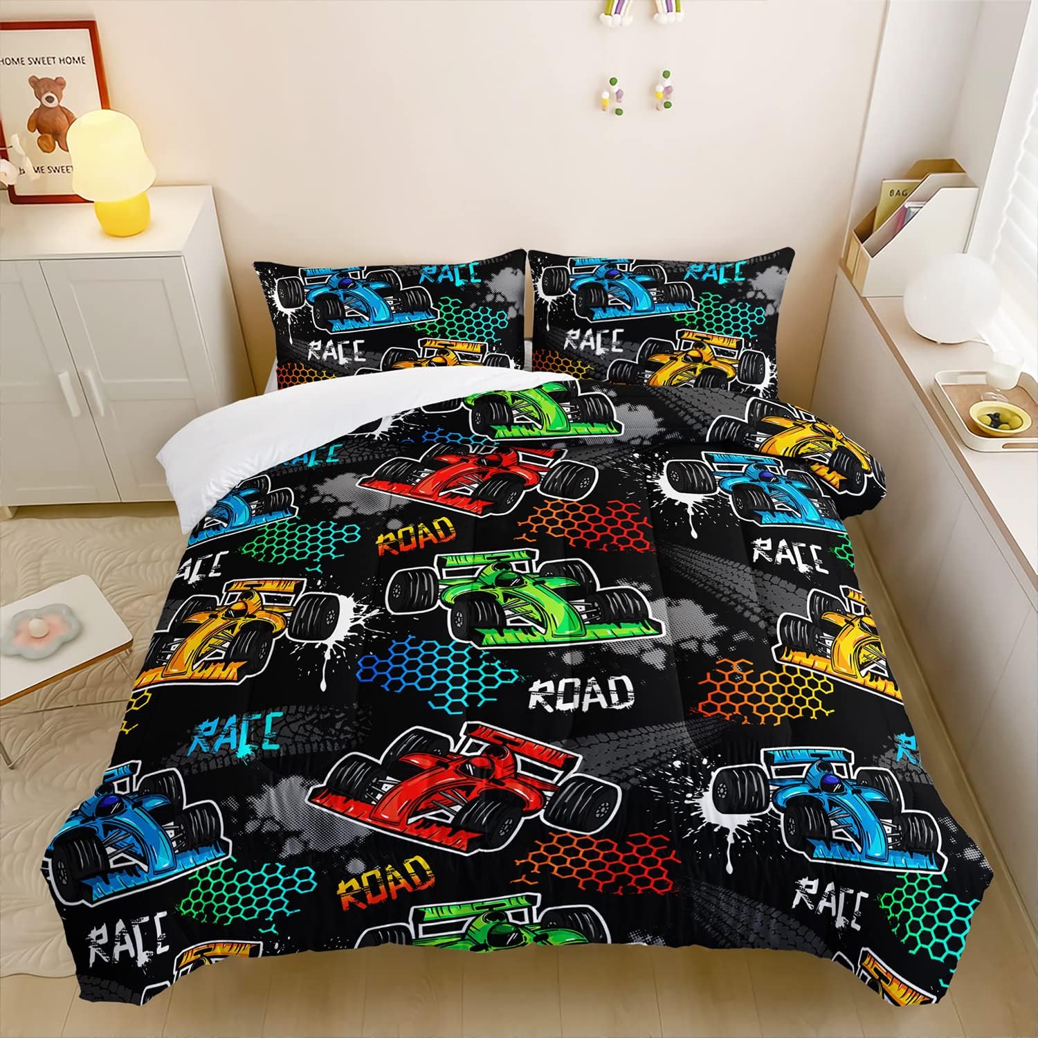 HOSIMA Child's Cartoon Racing Car Comforter for Boys' Racecar Bed Decor,Colorful Car Pattern Black Comforter Toddler Bedding Set,Cool Extreme Sports Twin Comforter Teen Kids Room Decor. - Image 4