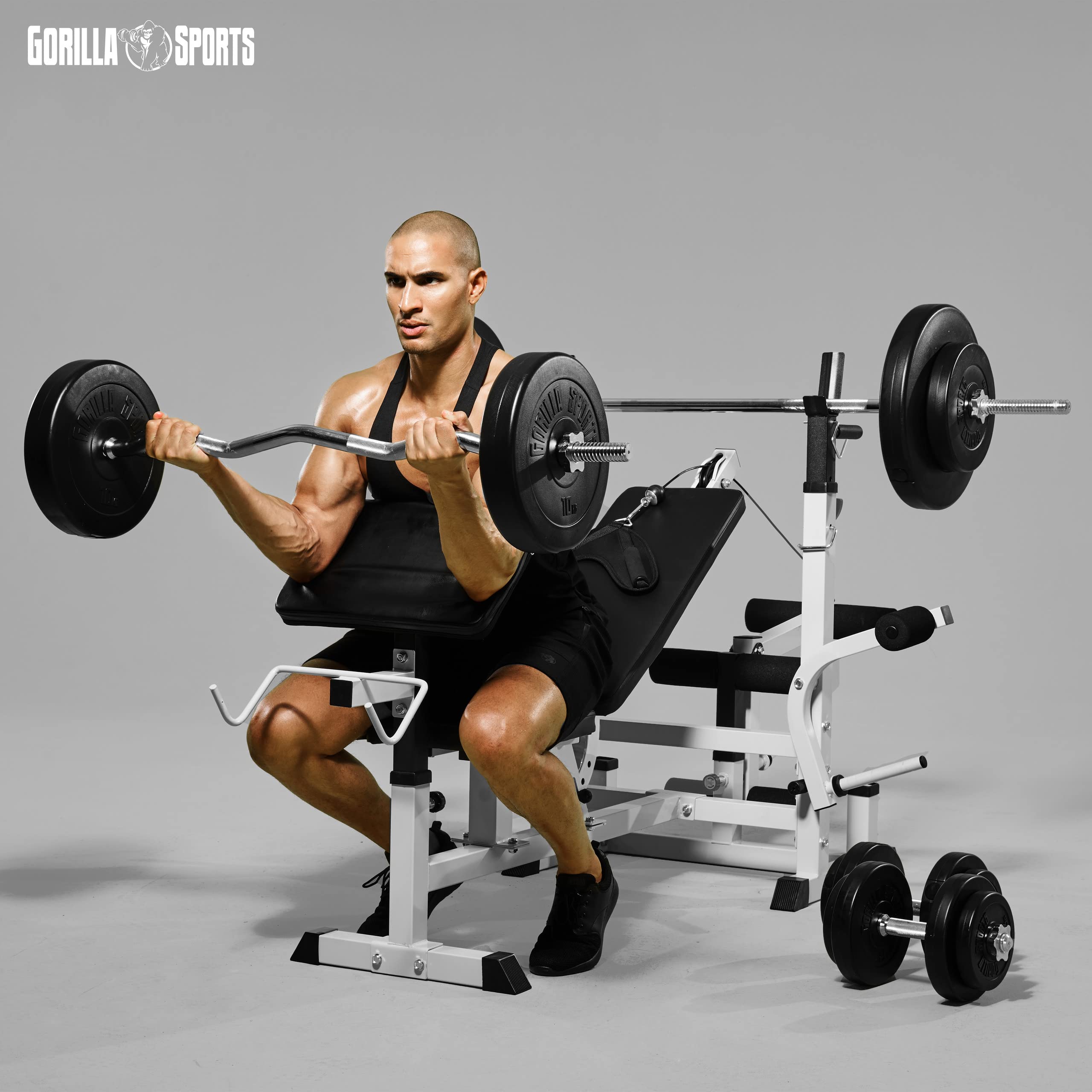 GORILLA SPORTS® Banco de pesas con pesas – Barra de pesas de 170 cm, juego de pesas de 40/70/100 kg, curler de piernas, mariposa, estación de inmersión, banco de entrenamiento, estación de fitness