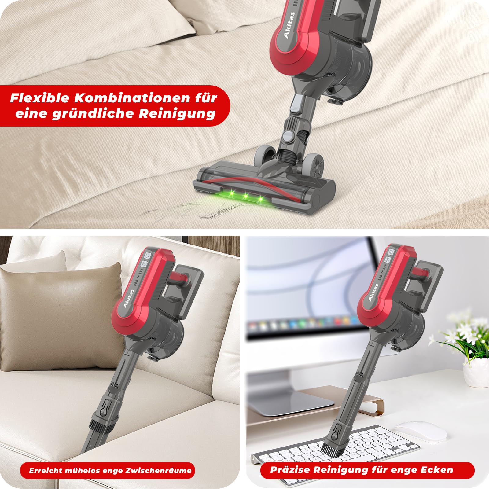 Akitas V10A Akku Staubsauger Kabellose mit 450W BLDC-Motor, 45kPa Saugleistung, 60 Min Laufzeit, LED-Bürste mit grünem Licht, Anti-Verhedderung, ideal für Teppiche, Hartböden & Tierhaare
