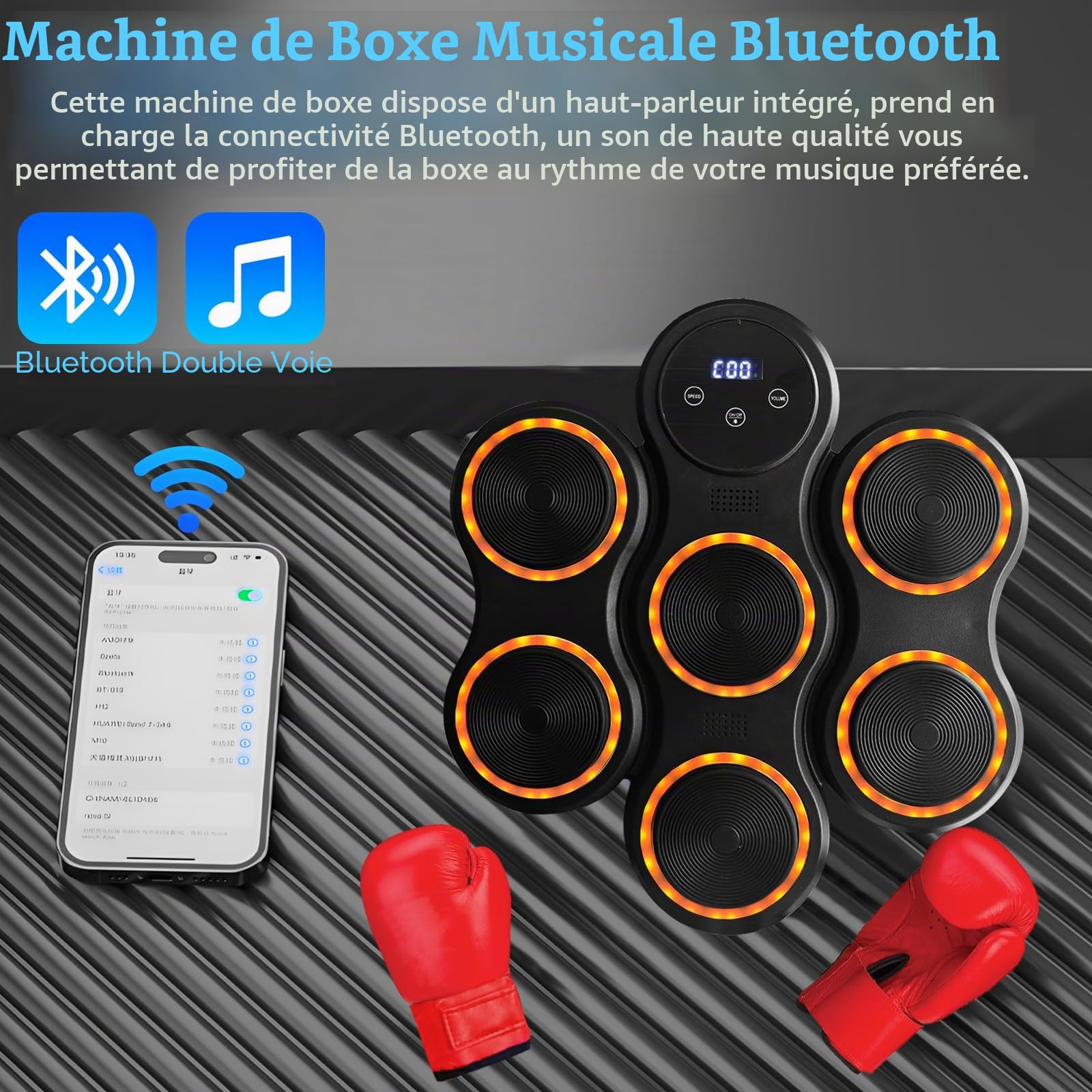 Boîte à Musique, Boîte à Musique Bluetooth, Boîte à Musique Murale avec Gants de Boxe pour Adultes et Enfants, 9 Modes de Vitesse, 9 Vitesses Réglables et Modes de Comptage