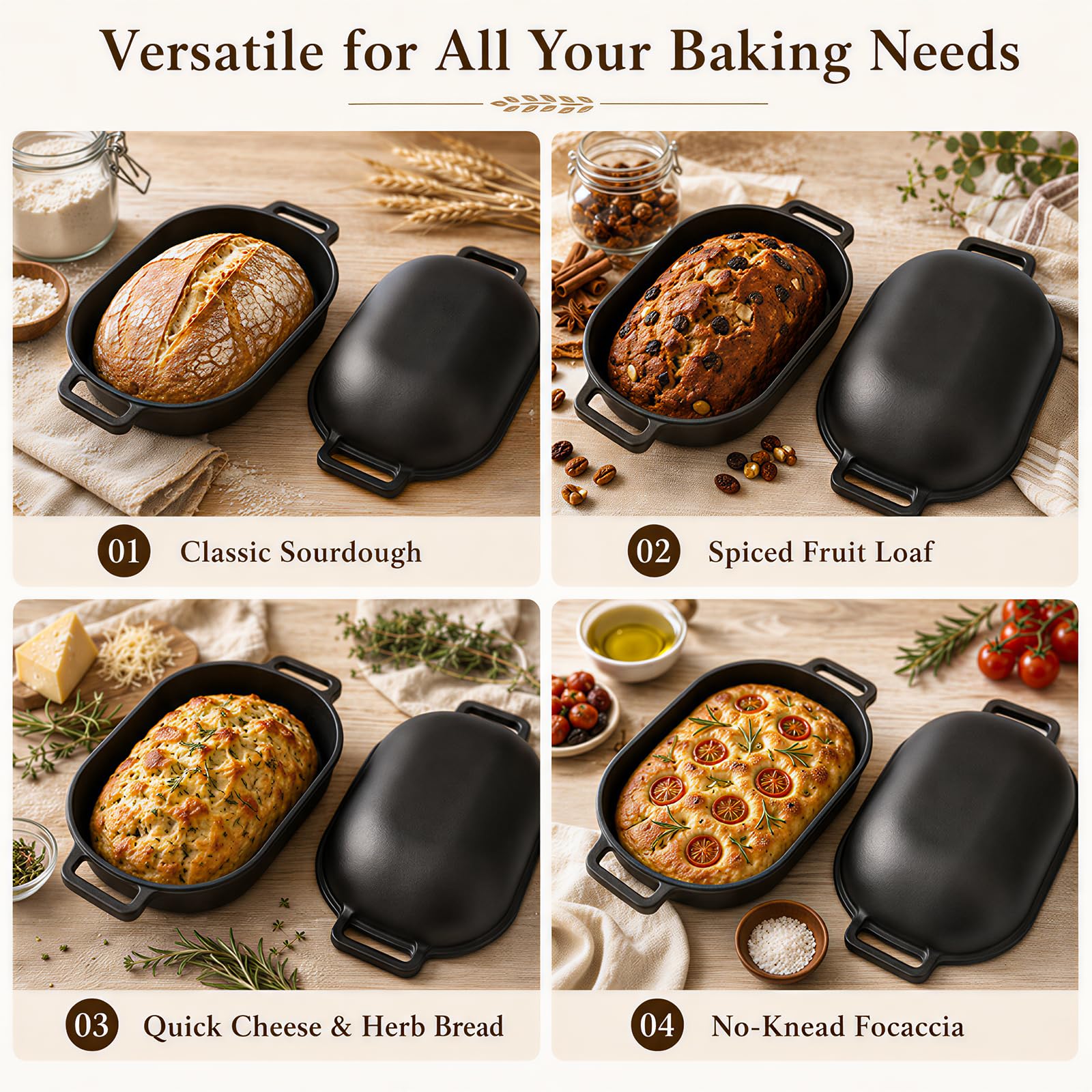 QuliMetal 40,5 × 25,4 cm Brotbackform mit Sauerteig-Brotback-Set, ovaler Sauerteig-Brottopf mit Deckel, vorgebrannt, 9,0L, Strapazierfähig, Hausgemachte Brotherstellung, Antihaftbeschichtet