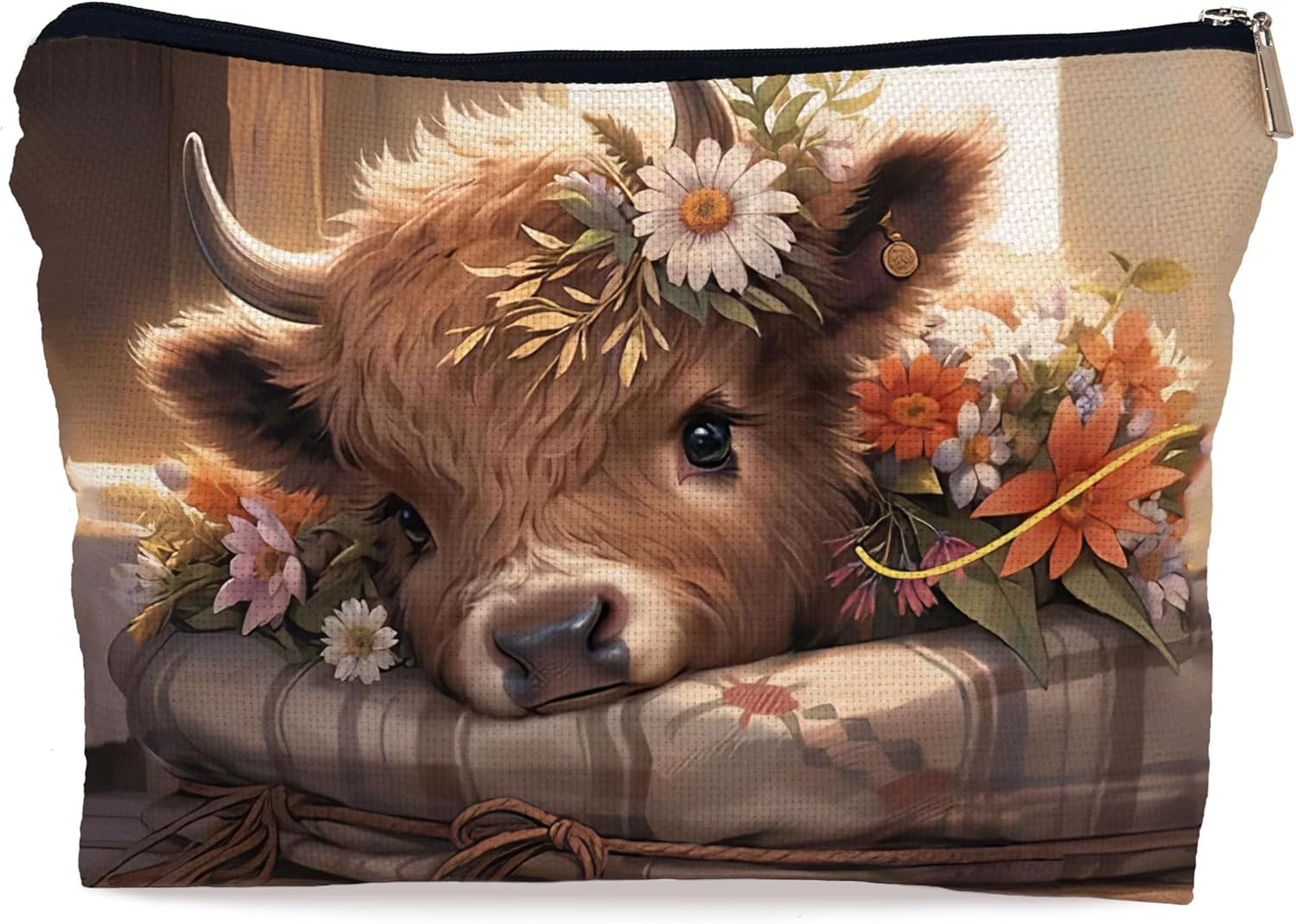 Ayxvt Highland Cow Floral Cosmetic Bags - Spring Highland Cow Gifts, Sunflower Daisy Floral Makeup Bag