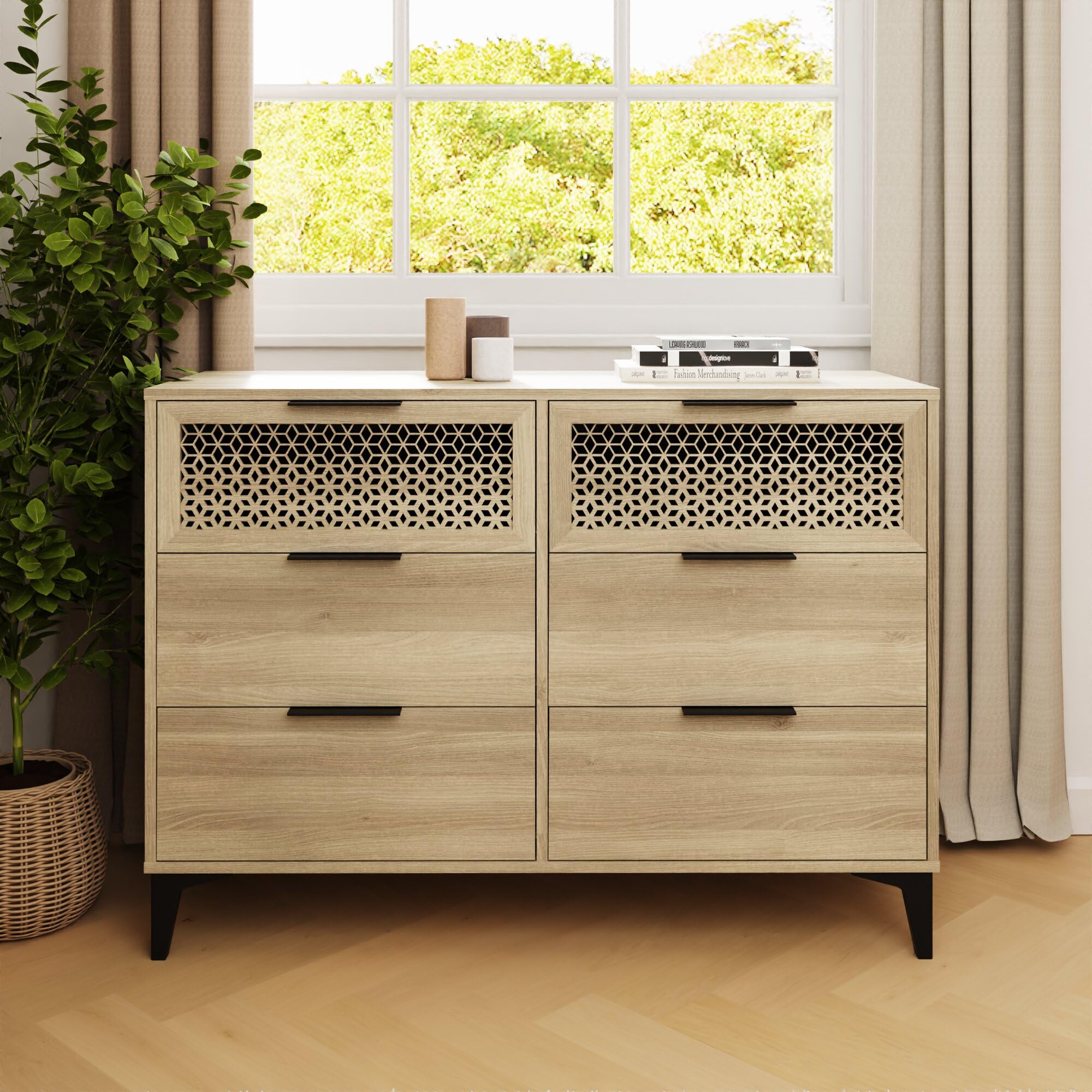 GFW Ezra 3+3 Drawer Chest Oak Finish Modern Bedroom Storage with Black Legs
