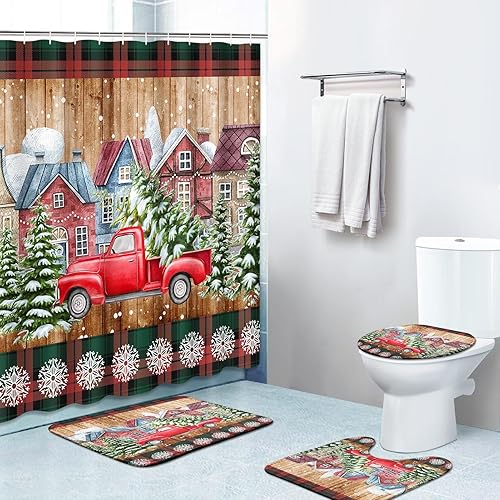 Juego de cortinas de ducha de 4 piezas, camión a cuadros de Navidad verde y rojo con alfombras antideslizantes, cubierta para tapa de inodoro y