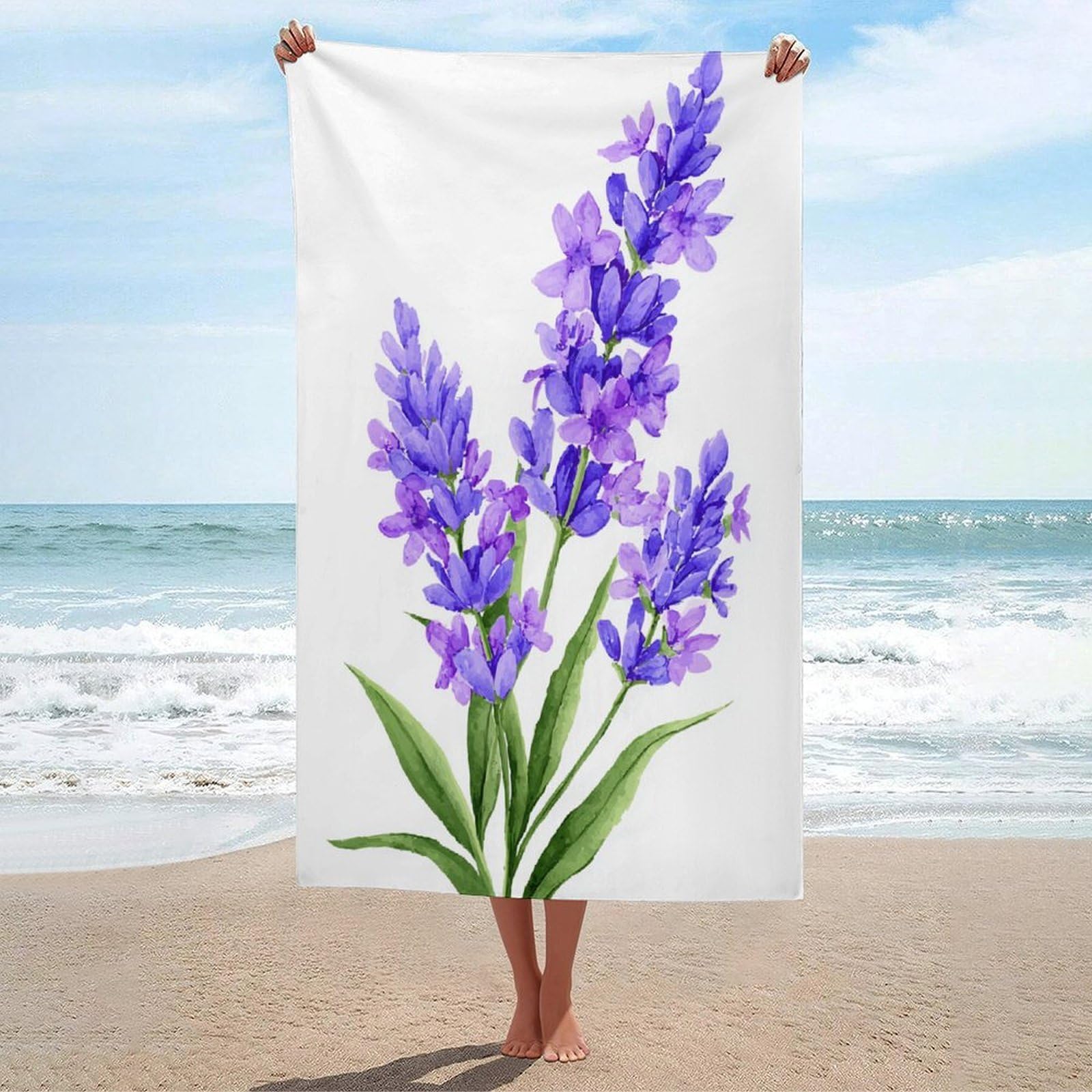 LSRCPD Lavender Flower Watercolor Beach Towel Sand Free Microfiber Large Shower Towels Multipurpose Absorbent for Bathroom Pool 130x80 CM