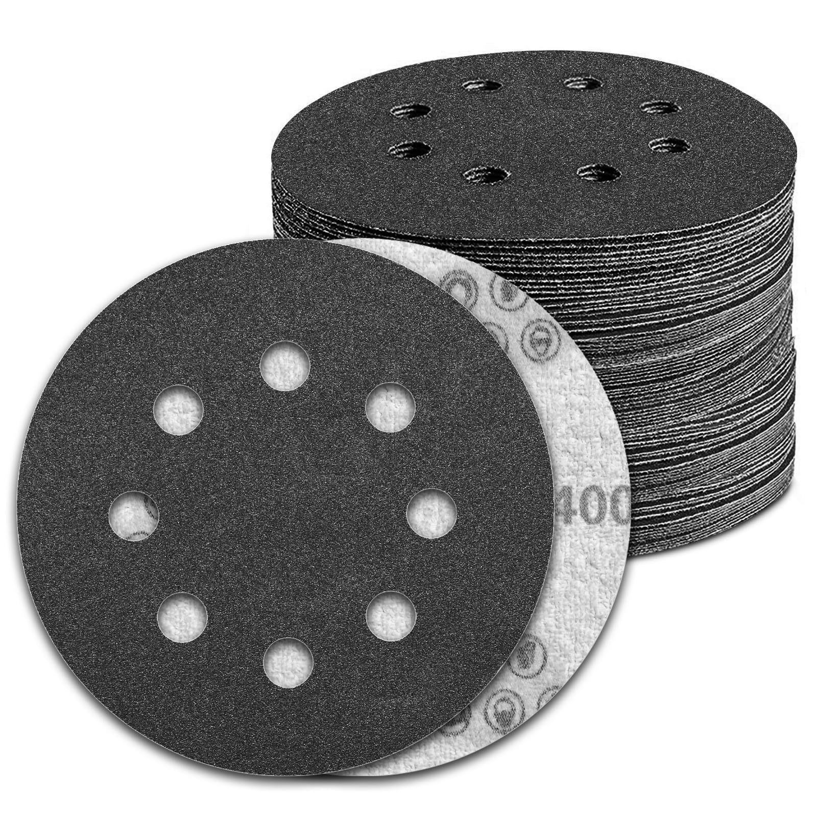 KONGMING 100 PCS 125mm Wet Dry Sanding Discs 8 Hole Grit 400 Hook and Loop Silicon Carbide Sandpaper for Random Orbital Sander