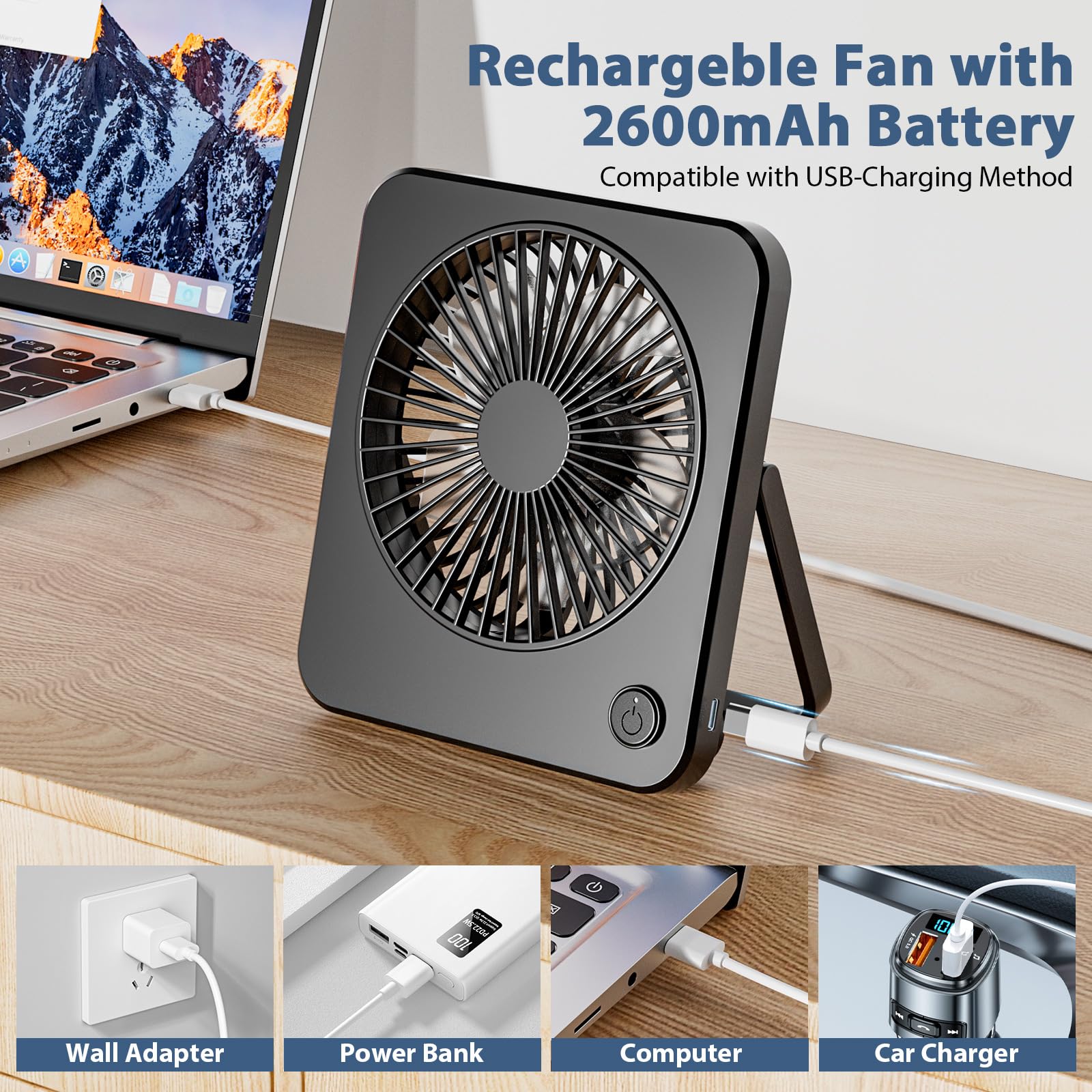 JATEKA Mini ventilatore Batteria, USB ventilatore da scrivania molto silenzioso con Ricaricabile 2600 mAh,ventilatore da tavolo per ufficio, camera da letto, soggiorno, campeggio - Nero