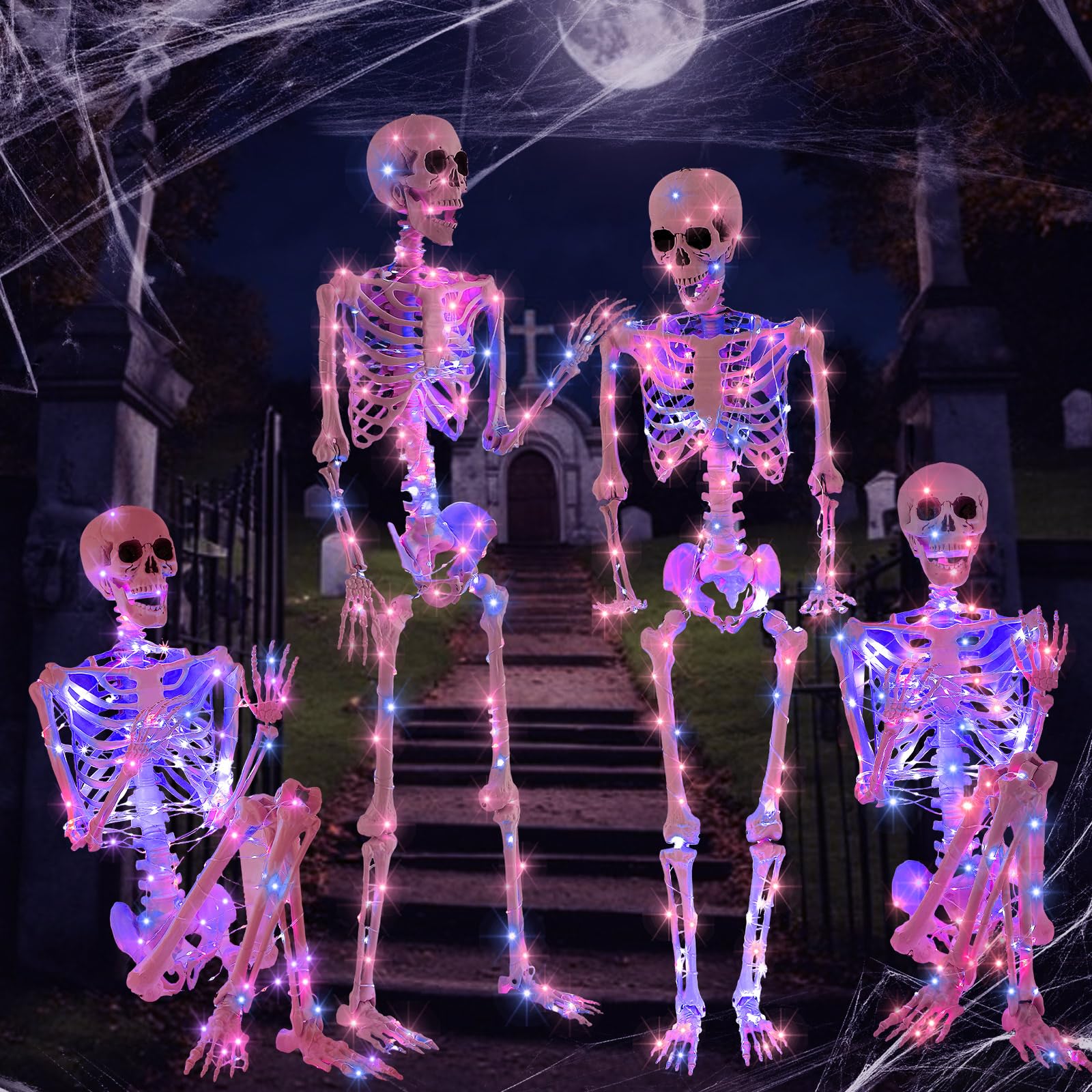 Geetery 6 Pcs 5 ft Light up Skeleton Life Size Posable Skeleton Horror Christmas Decorations Outdoor LED Plastic Skeleton with Movable Joints String Lights for Hanging Yard Garden Lawn Props Decor