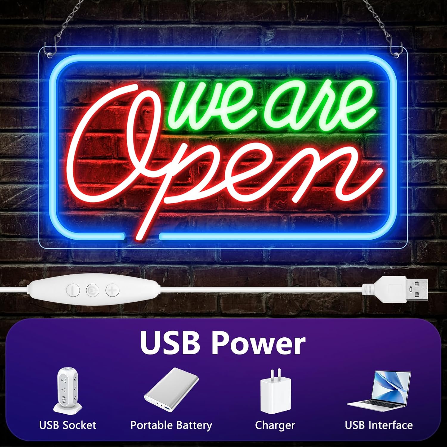 Neon We Are Open Signs for Business, 16.5''x 9'' Open Sign LED, Super Bright & Easy to Spot, High Visibility Advertisement Board Electric Display Sign Ideal for Window, Party, Wall, Bars, Coffee Shops, christmas(USB Powered)