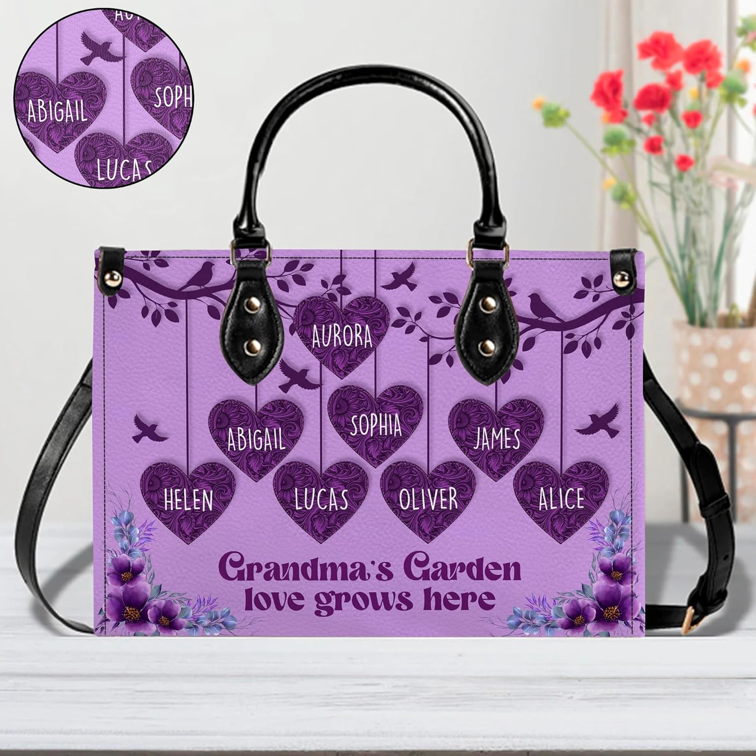 Mothers Day Gift Leather Bag- Personalized Grandmas Purse With Grandkids Names, Grandma Handbag Birthday Gifts For Mom Women