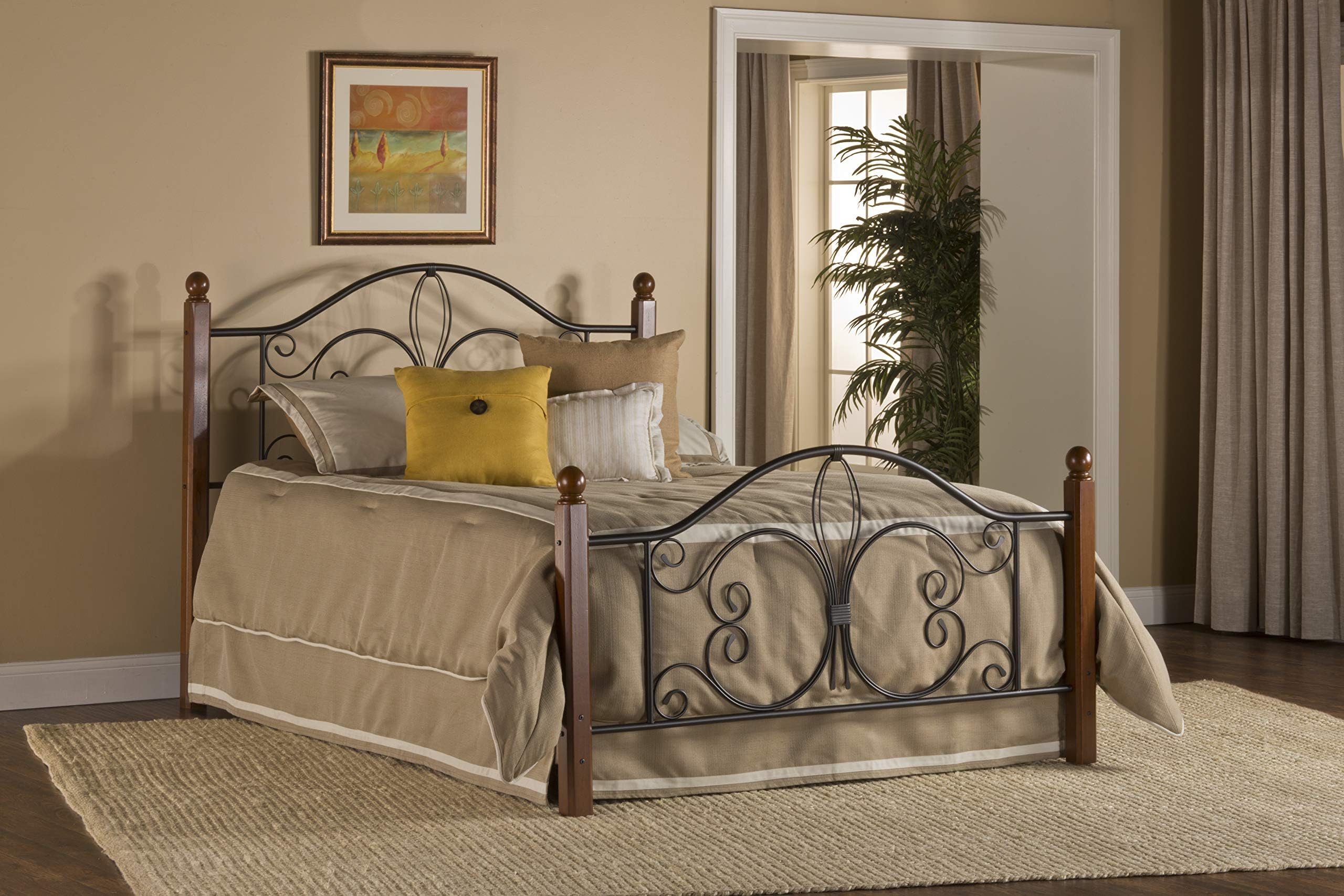 Hillsdale Milwaukee Queen Metal Bed with Cherry Wood Posts with Bed Frame, Textured Black