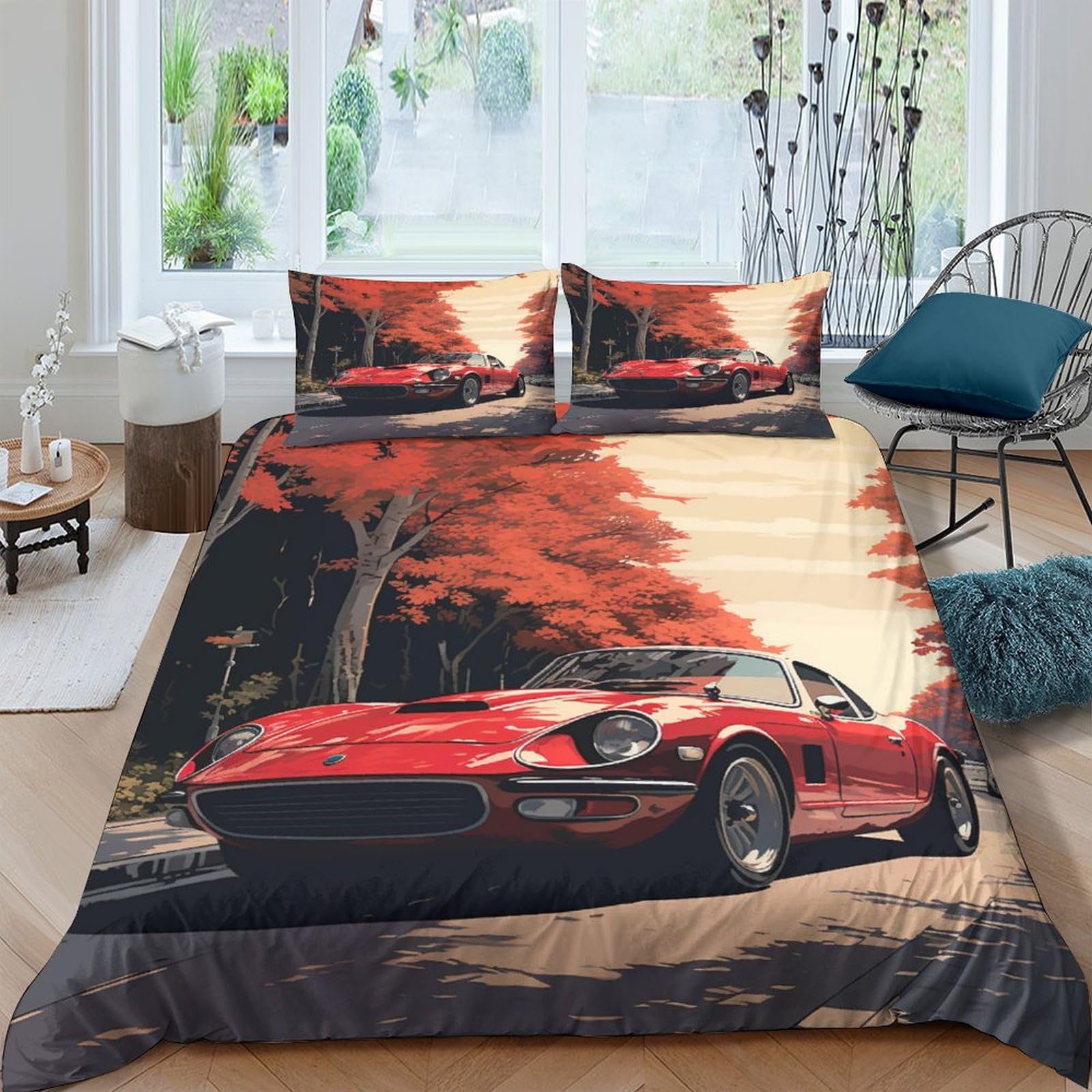 Housse de couette 3D voiture de sport rouge King pour relooker une chambre d'enfant ou d'adulte