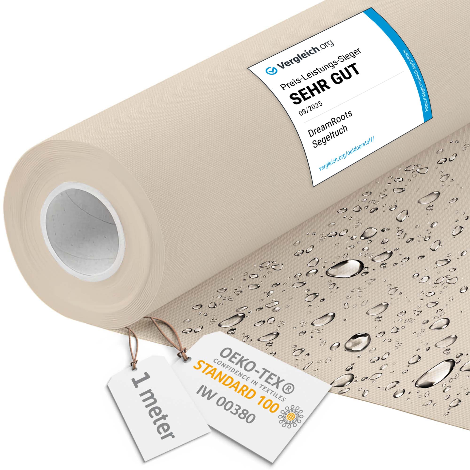 DreamRoots Tessuto Impermeabile al metro 160 cm Larghezza, 220 g/m² 600D, Stoffa per Cuscini Esterni - Crema 1M