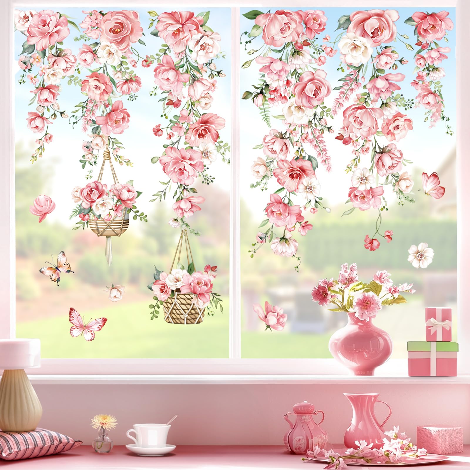 decalmile Spring Summer Hanging Flower Vine Double Sided Window Clings Pink Peony Floral Window Decals Anti-Collision Glass Window Doors Window Stickers - Image 3