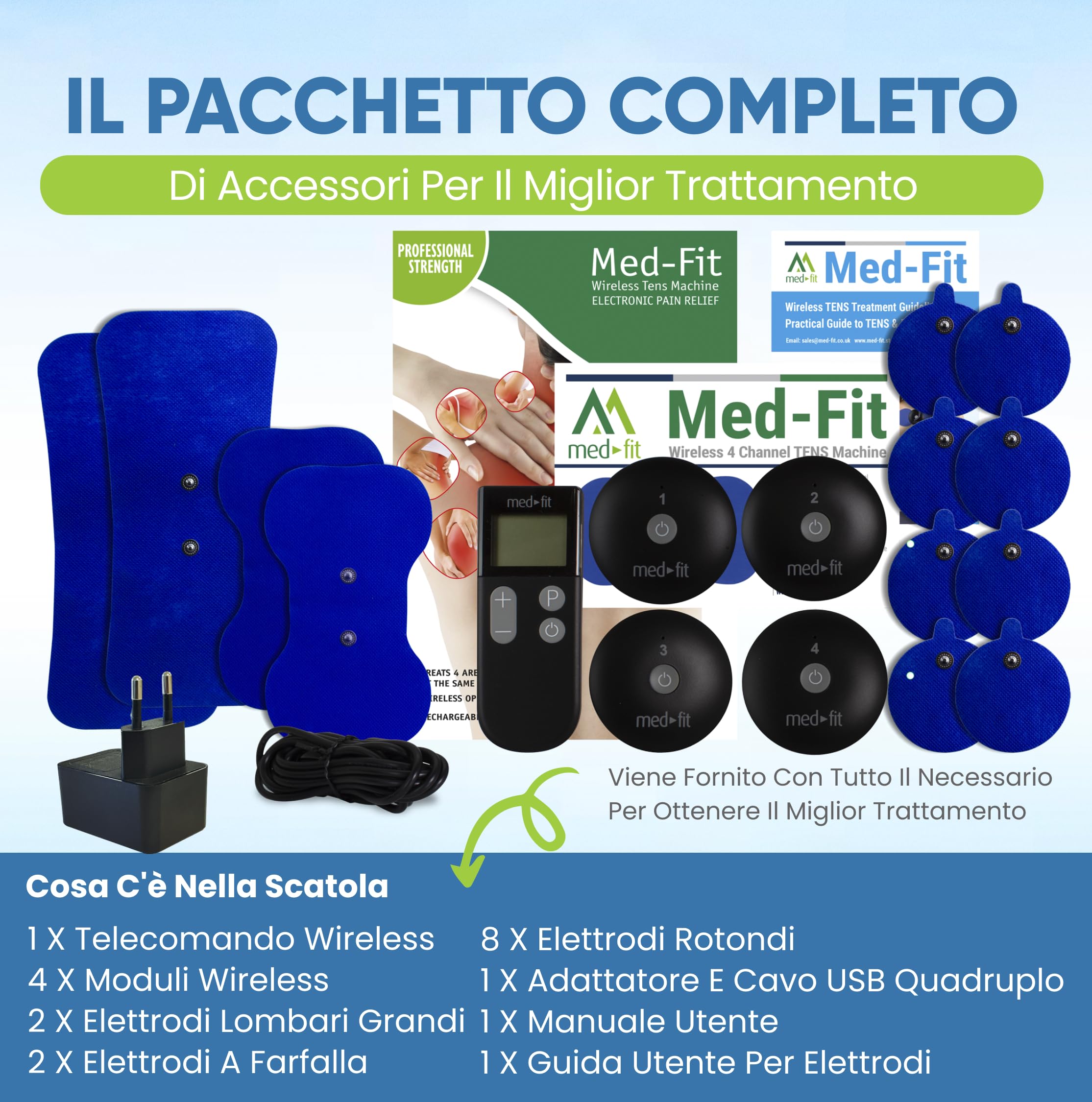 Med-Fit Macchina TENS wireless a 4 canali per alleviare il dolore, rilassamento muscolare e gestione del dolore, tratta fino a 4 aree contemporaneamente per un trattamento completo del corpo, forza