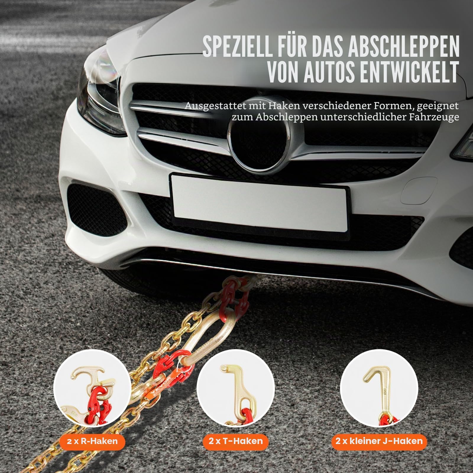 VEVOR G80 Abschleppkette, 8 mm x 90 cm Stahlkette mit J-Haken, T-Haken und Greifhaken, Schwerlast-Transportschleppkette mit 4898 kg sicherer Arbeitslast zum Heben, Laden, Abschleppen und Festbinden