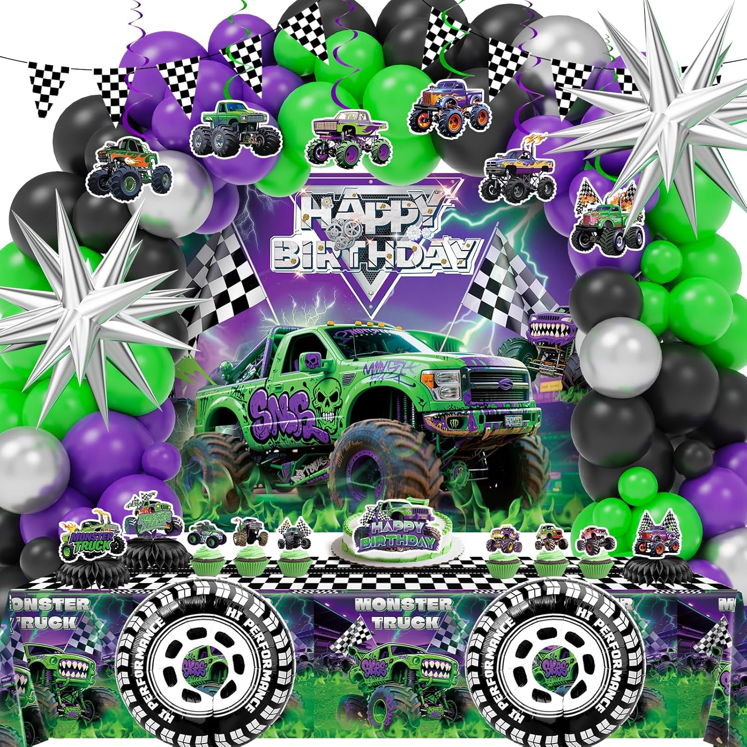 99 Pcs Monster Truck Birthday Party Decorations Set with Purple and Green Black Balloon Garland Arch Kit with Star & Wheels Checkered Balloons, Backdrop, Tablecloth, Grave Digger Party Supplies