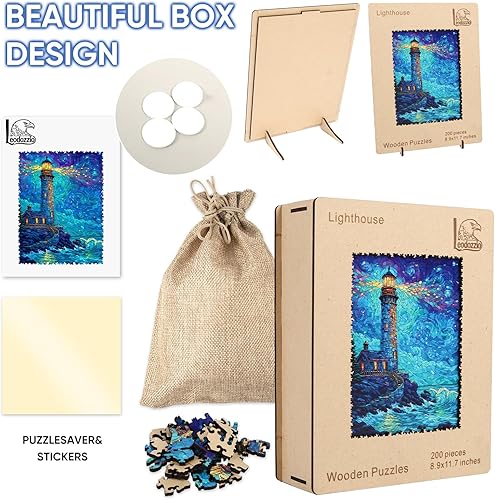 Miniatura 9 de Leodozzio Rompecabezas de madera para adultos, rompecabezas de faro de 200 piezas, 8.8 x 11.7 pulgadas, rompecabezas de madera de forma única,