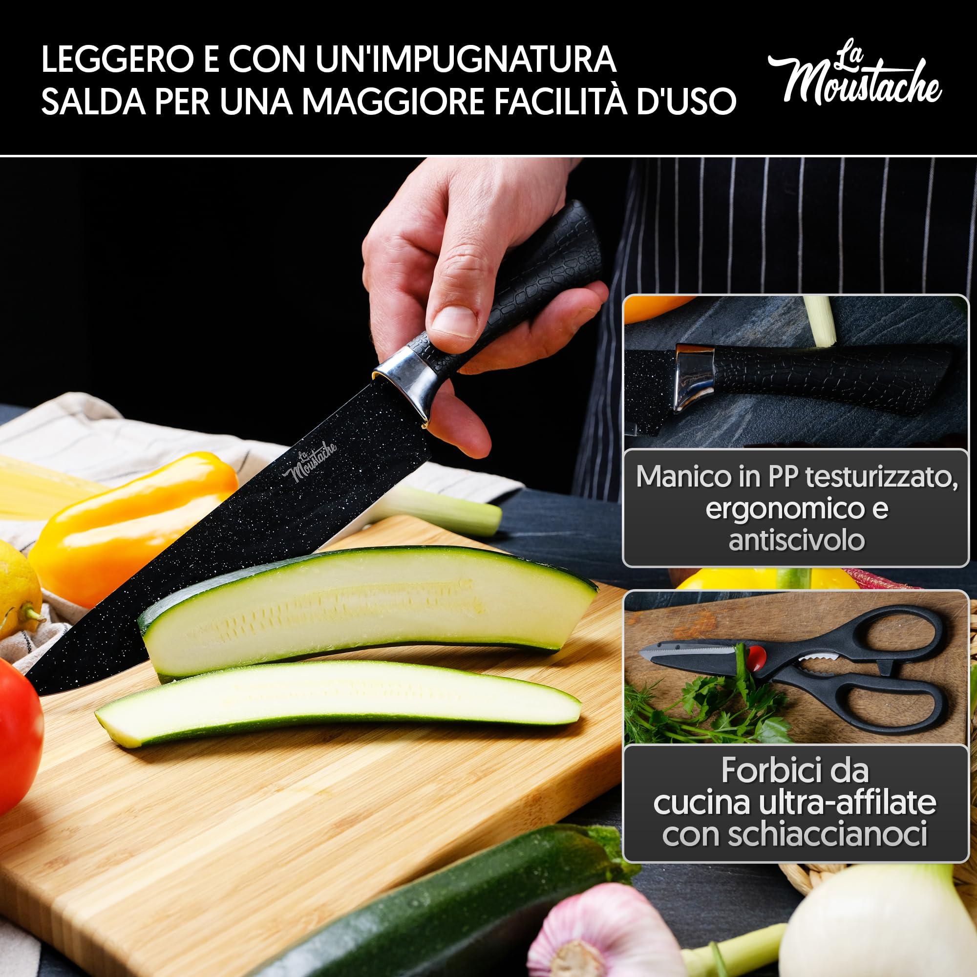 La Moustache - Set di Coltelli 7 Pezzi da Cucina Professionali, Inossidabile e Antiaderenti, Forbici, Pela Verdure, Coltelli da Chef per Pane e Carne, Ergonomici e Prova di Calore (Marmo)