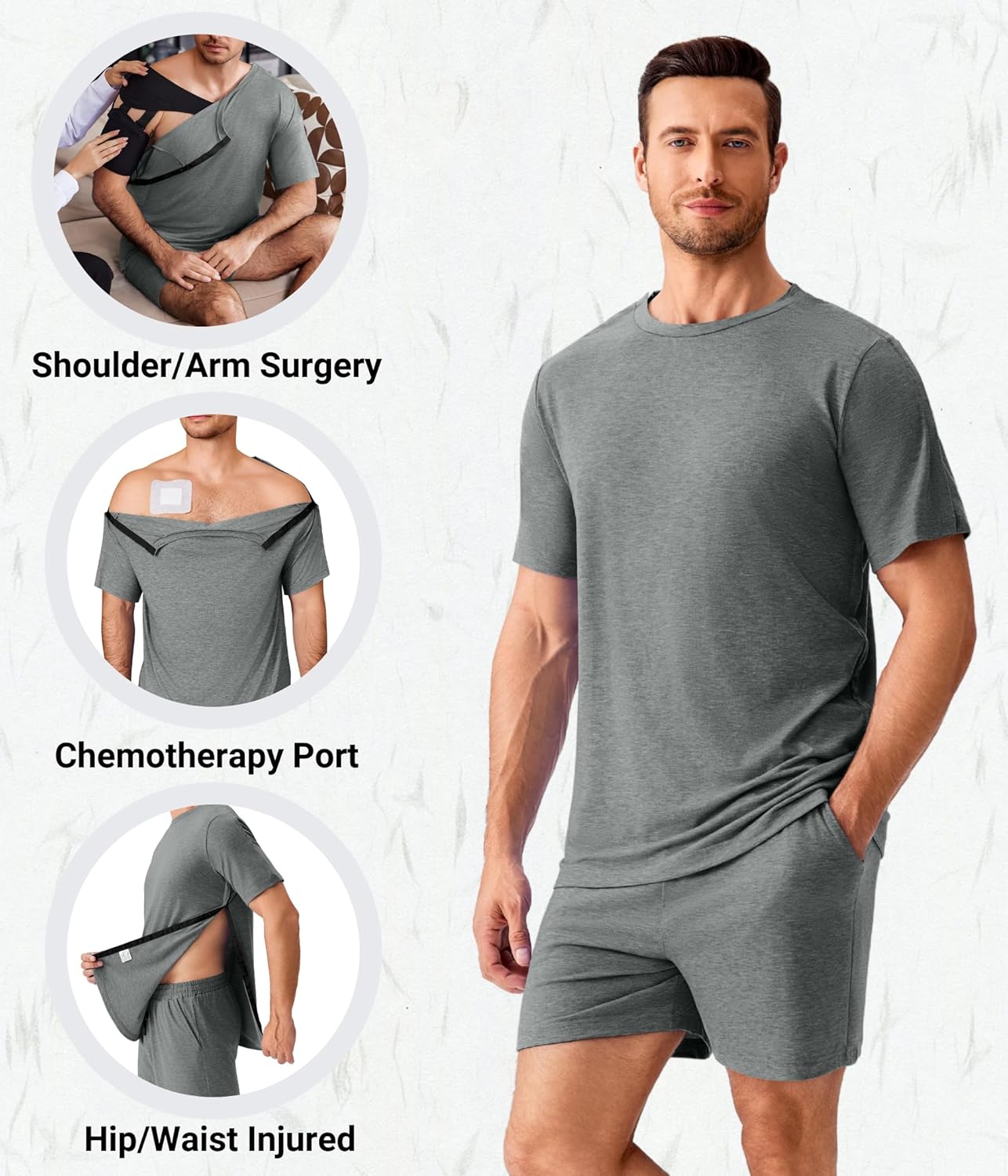 Deyeek 2Pcs Unisex Post Shoulder Surgery Shirts & Shorts Tear Away Shirts for Rotator Cuff Surgery Chemo Port Access Clothes - Image 3