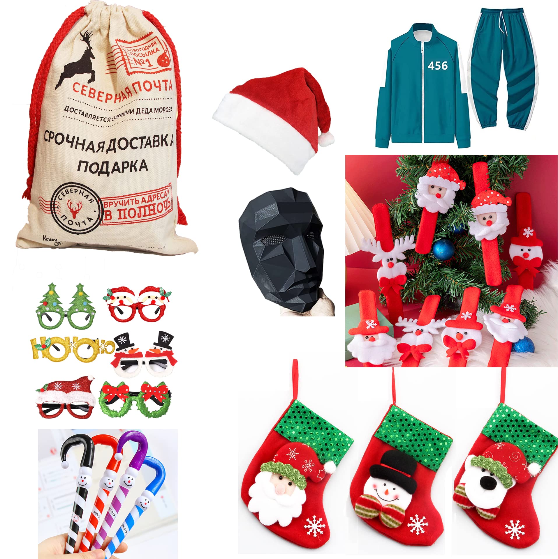 Christmas Decoration Large Santa Hat Stocking Gift，Santa Bag Drawstring for Xmas Present Package Storage And Santa Bag Decored