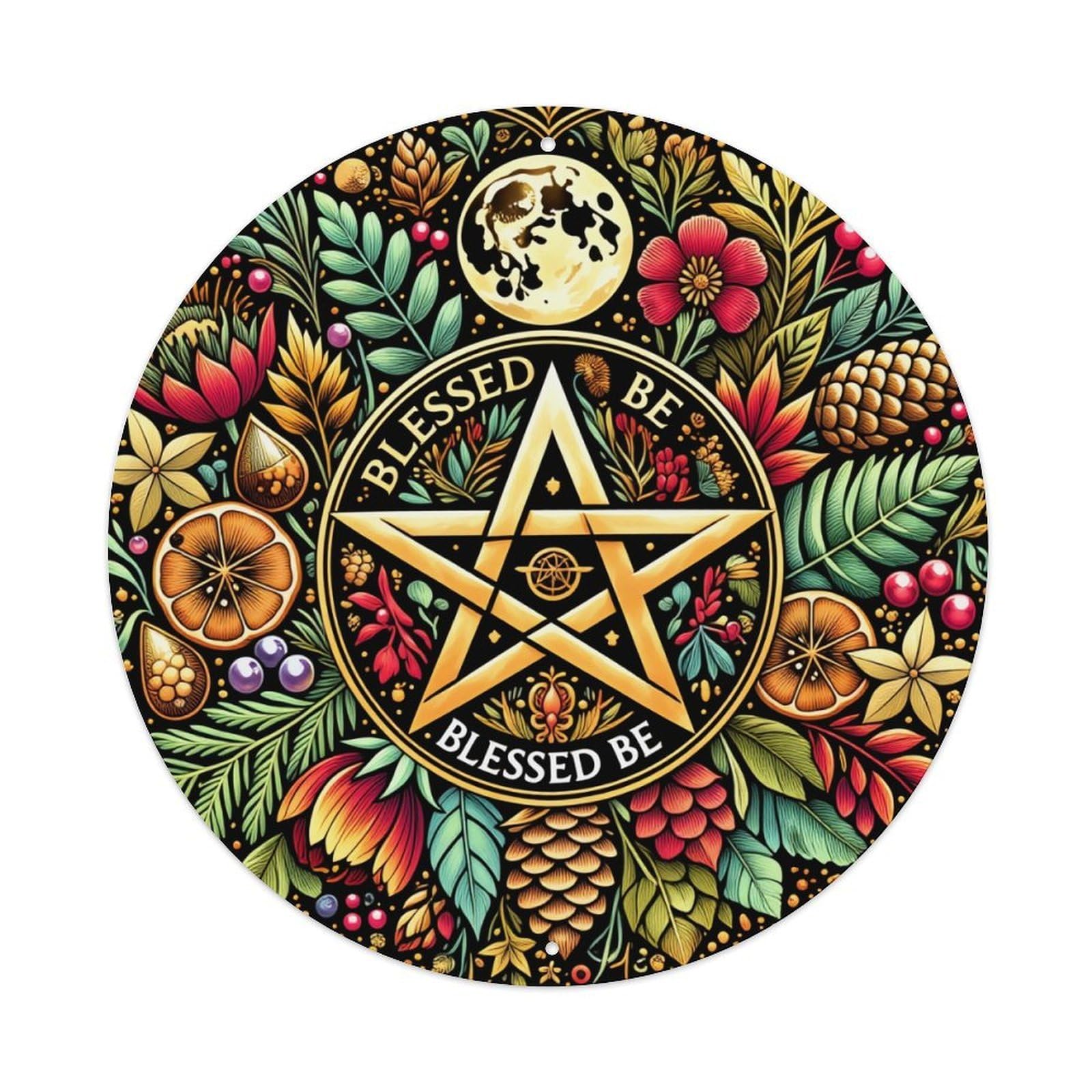 Floral Pentagram Moon Nature Blessing Round Tin Sign Vintage Metal Poster, Home Bar Garage Man Cave Cafe Indoor & Outdoor Wall Decoration 8x8Inches