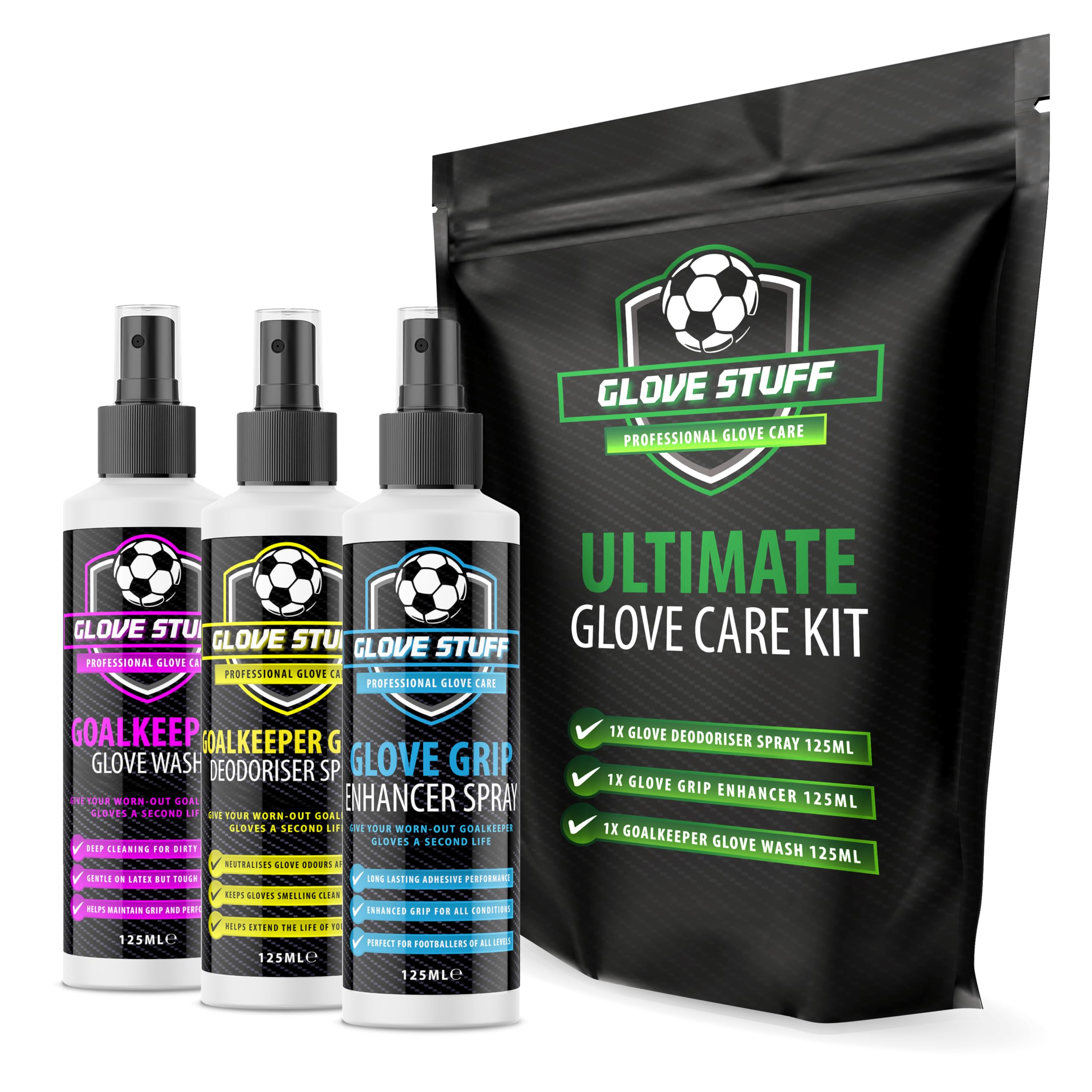 Glove Stuff - Ultimate Care Kit - 3 x 125ml Sprays - Includes Grip Spray, Cleaner and Deodoriser - Complete Maintenance Set for Clean, Fresh, Game-Ready Gloves