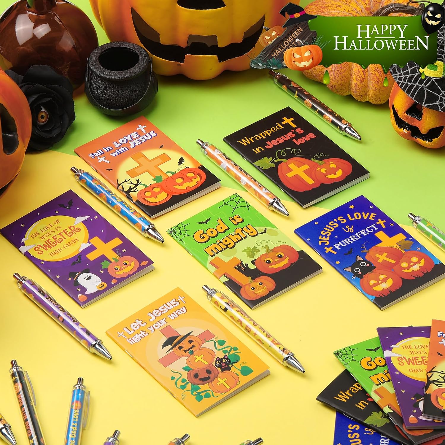 AmazingSpark 48pcs Christian Pumpkin Pens Mini Halloween Notepad Religious Jesus Notebooks Ballpoint Pens Bulk Halloween Christian Pumpkin Stationery Party Favors for Church Prizes Supplies