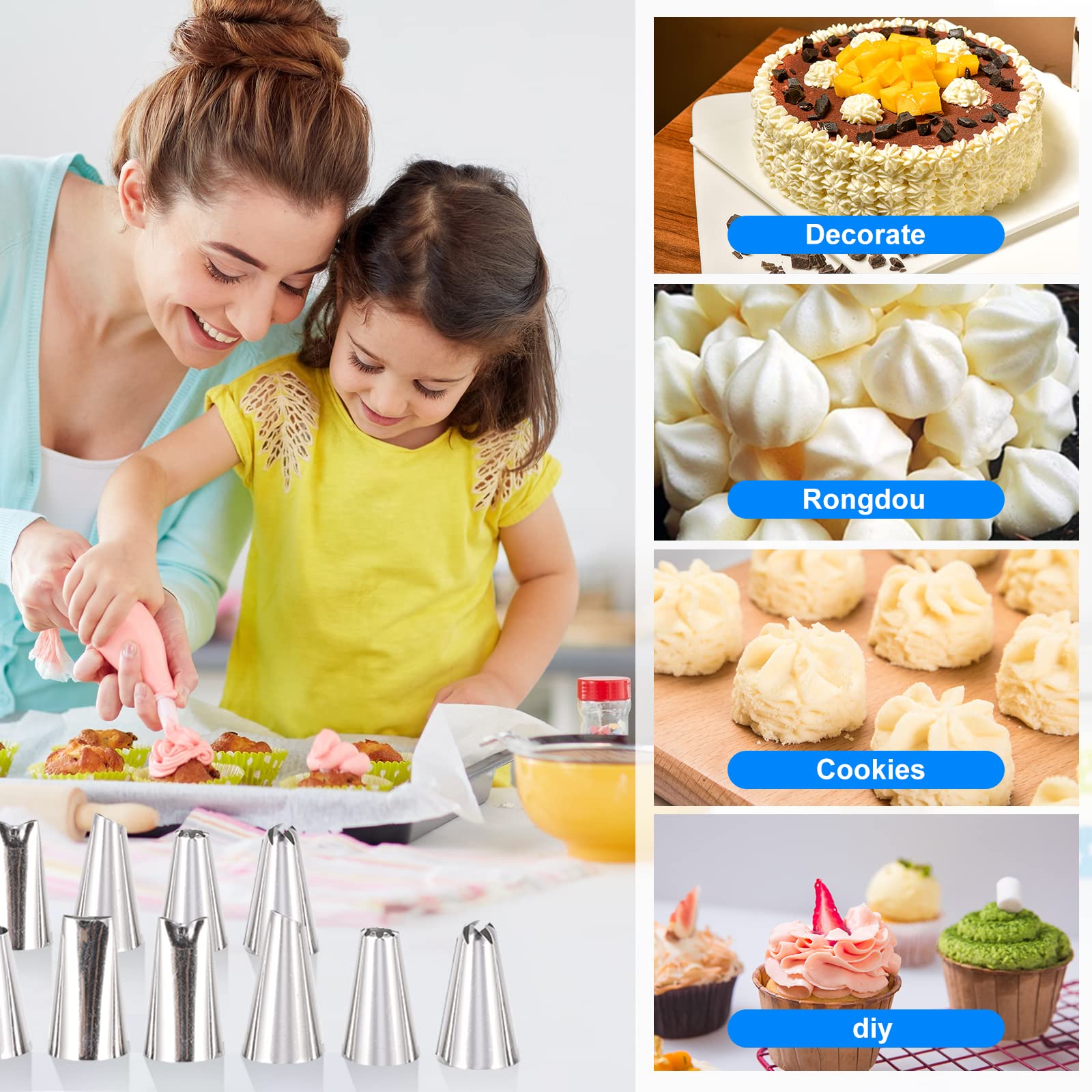 Juego de 118 piezas de decoración de tartas, juego de herramientas para decoración de pasteles, 60 puntas de glaseado numeradas con gráfico de patrón, 3 espátulas de glaseado, 3 raspadores de