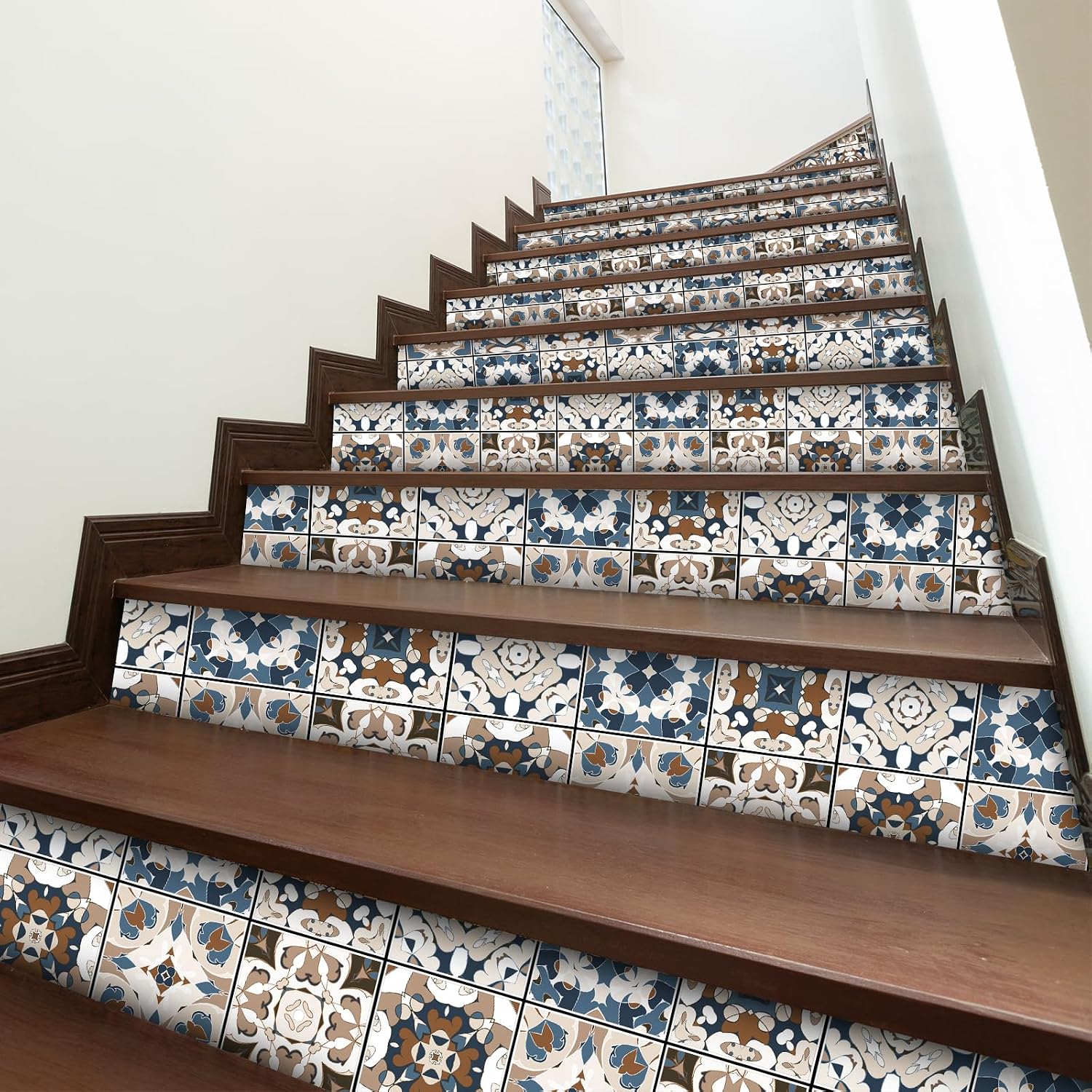 Moroccan Faux Tile Wallpaper Blue Brown Bohemian Mexican Wallpaper Peel and Stick Vintage Mediterranian Contact Paper for Cabinets Drawers Sticky Antique Vinyl Wall Covering Roll 12"x393"