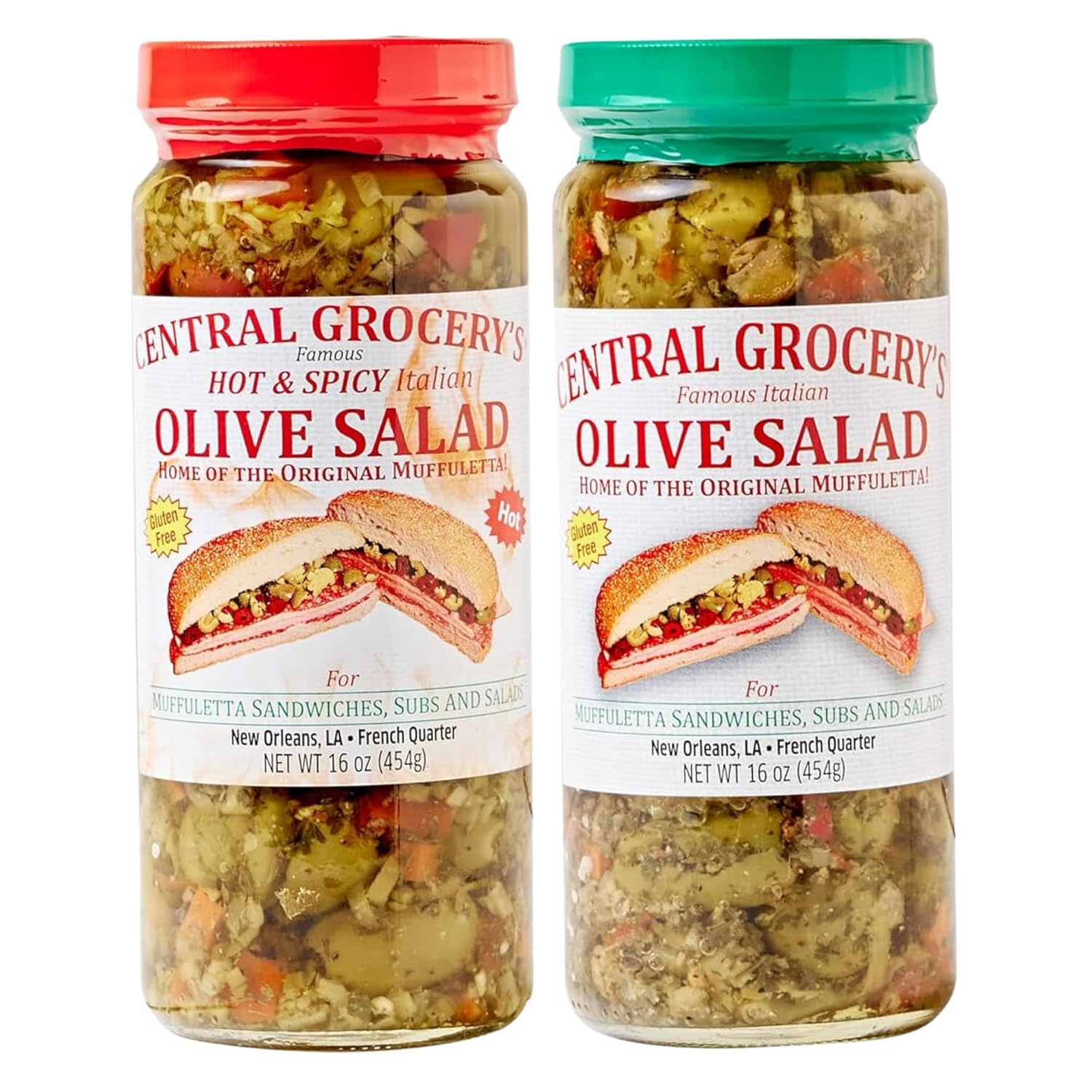 Central Grocery Olive Salad - 16 oz Combo - Hot and Original Olive Salad - Perfect for Muffulettas, Sandwiches, Pizza Toppings, Pastas, Hot Dog Topper, Salads and More
