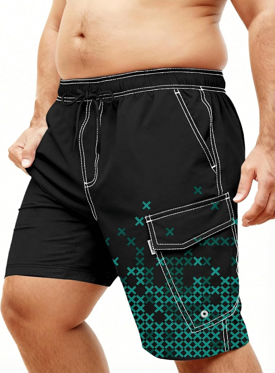 Big&Tall Swim Trunks Men's 10'' Quick Dry Board Shorts with Compression Liner Hawaiian Printed Swimming Shorts