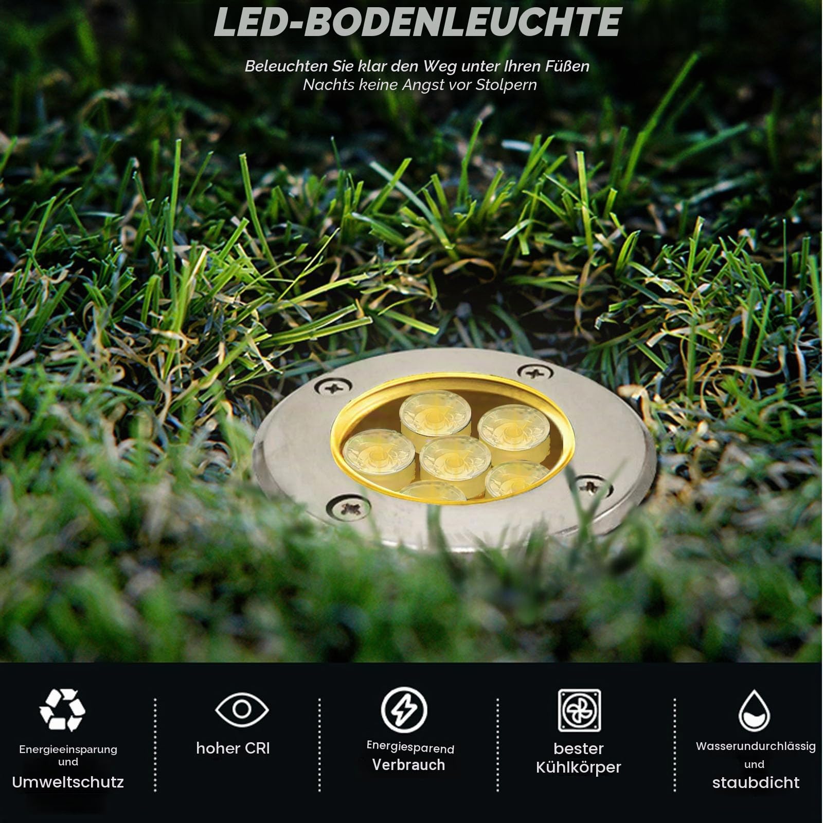 6W Bodeneinbaustrahler Aussen LED Bodenstrahler Garten wegeleuchten außen 12V 24V Landschaftsbeleuchtung IP67 wasserdicht für Aussen Wegbeleuchtung Garten Terrasse Treppen,Warmweiß