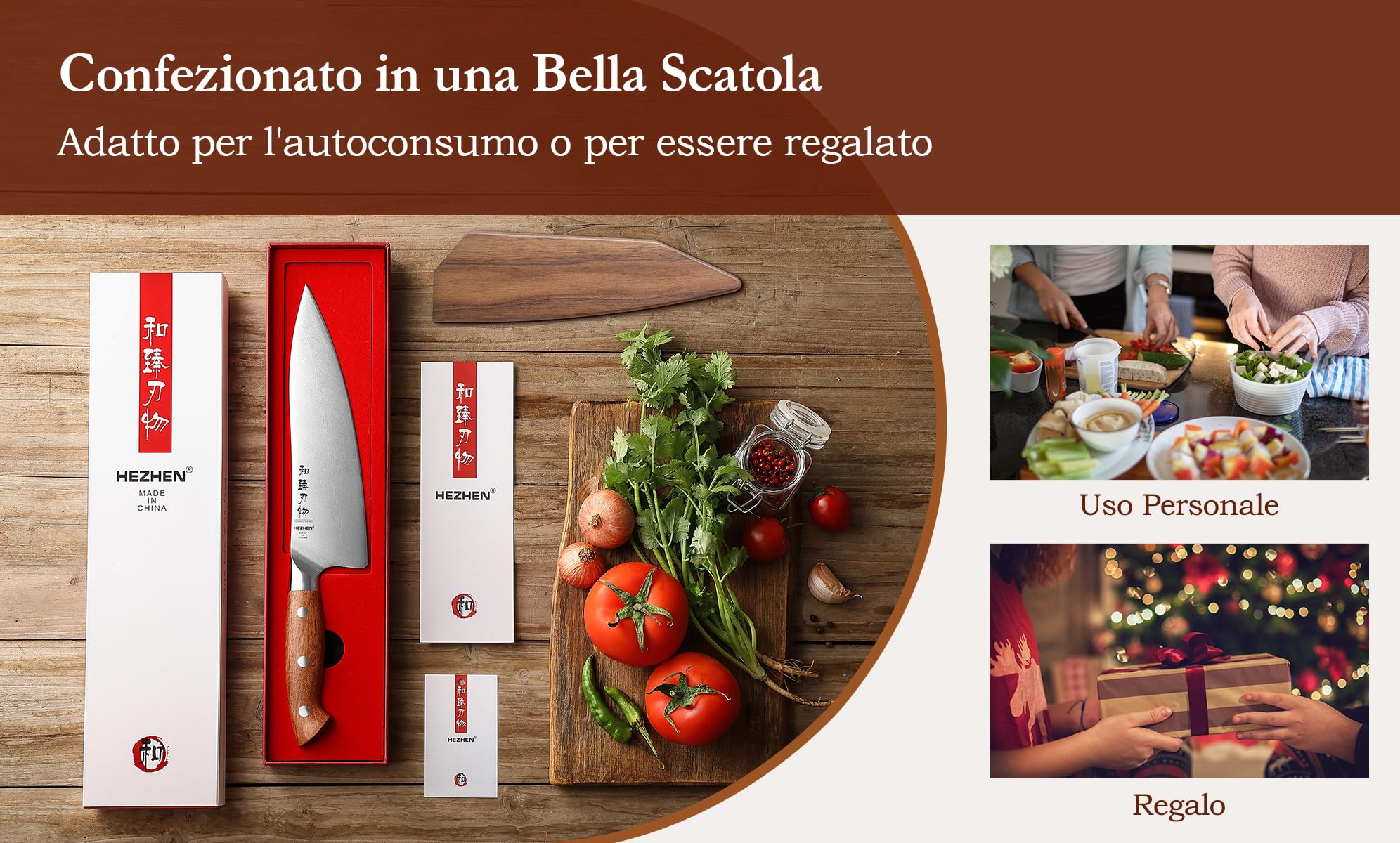 Coltelli da Chef HEZHEN 21cm Acciaio German DIN1.4116 Full Tang Manico Redwood