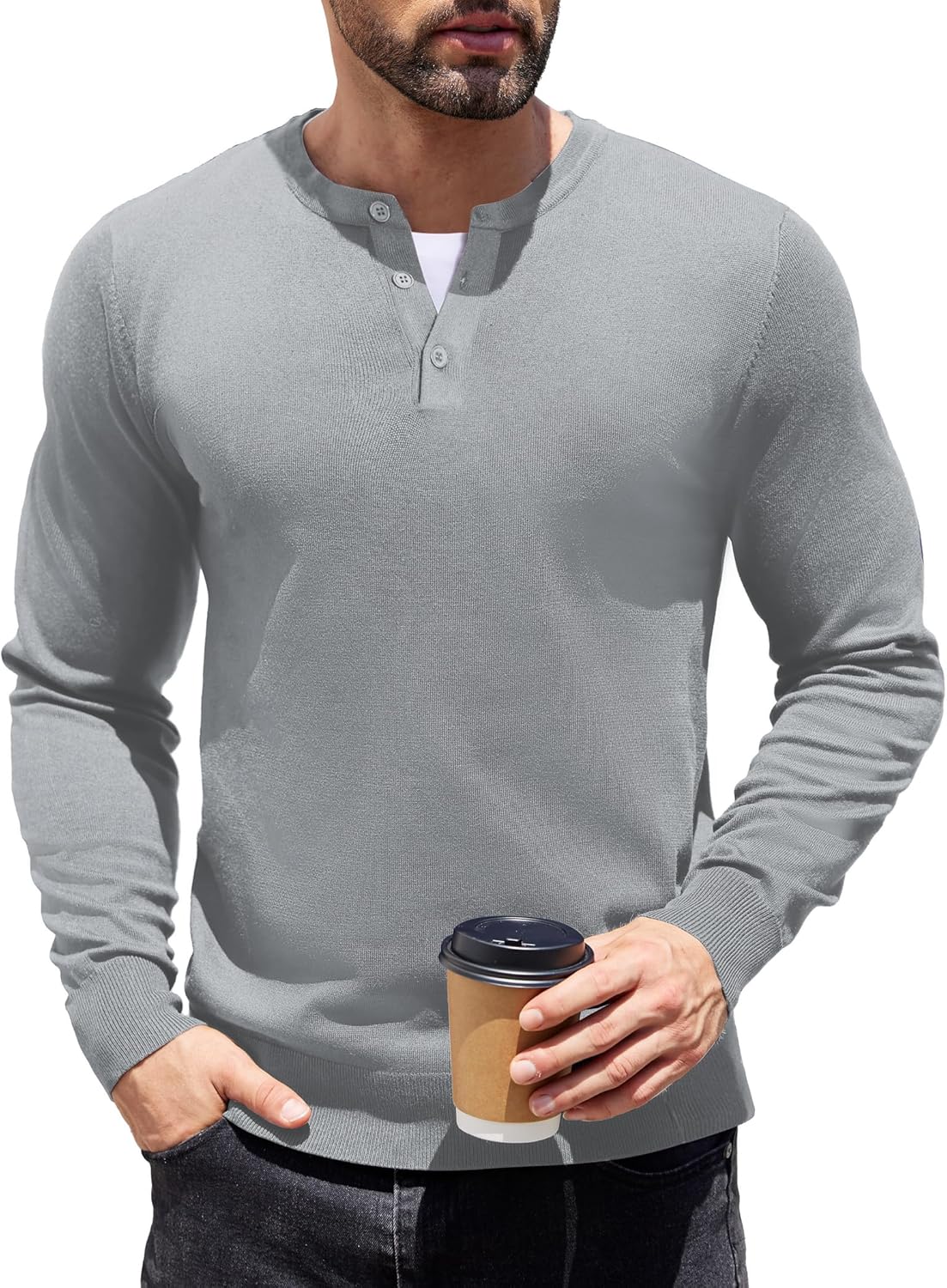 COOFANDY Mens Knit Henley T-Shirts Dress Long Sleeve Sweater Casual Collarless Quarter Button Pullover