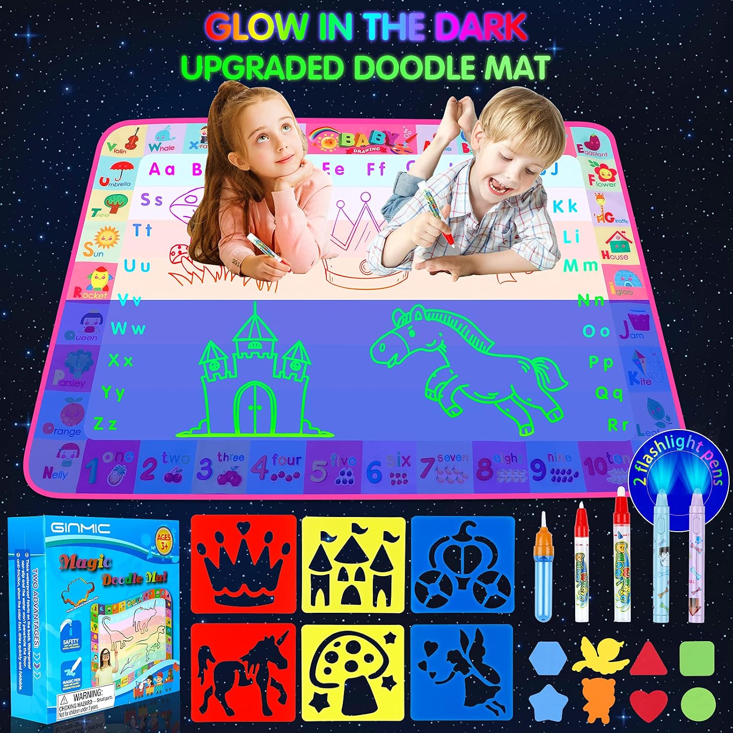 GINMIC 2-in-1 Luminous Magic Water Doodle Mat, Kids Painting Writing Doodle Toy Mat, Reusable Painting Coloring Writing Doodle Toys Kit, Educational Toys for Boys Girls Age 3-12 Years Old Toddler
