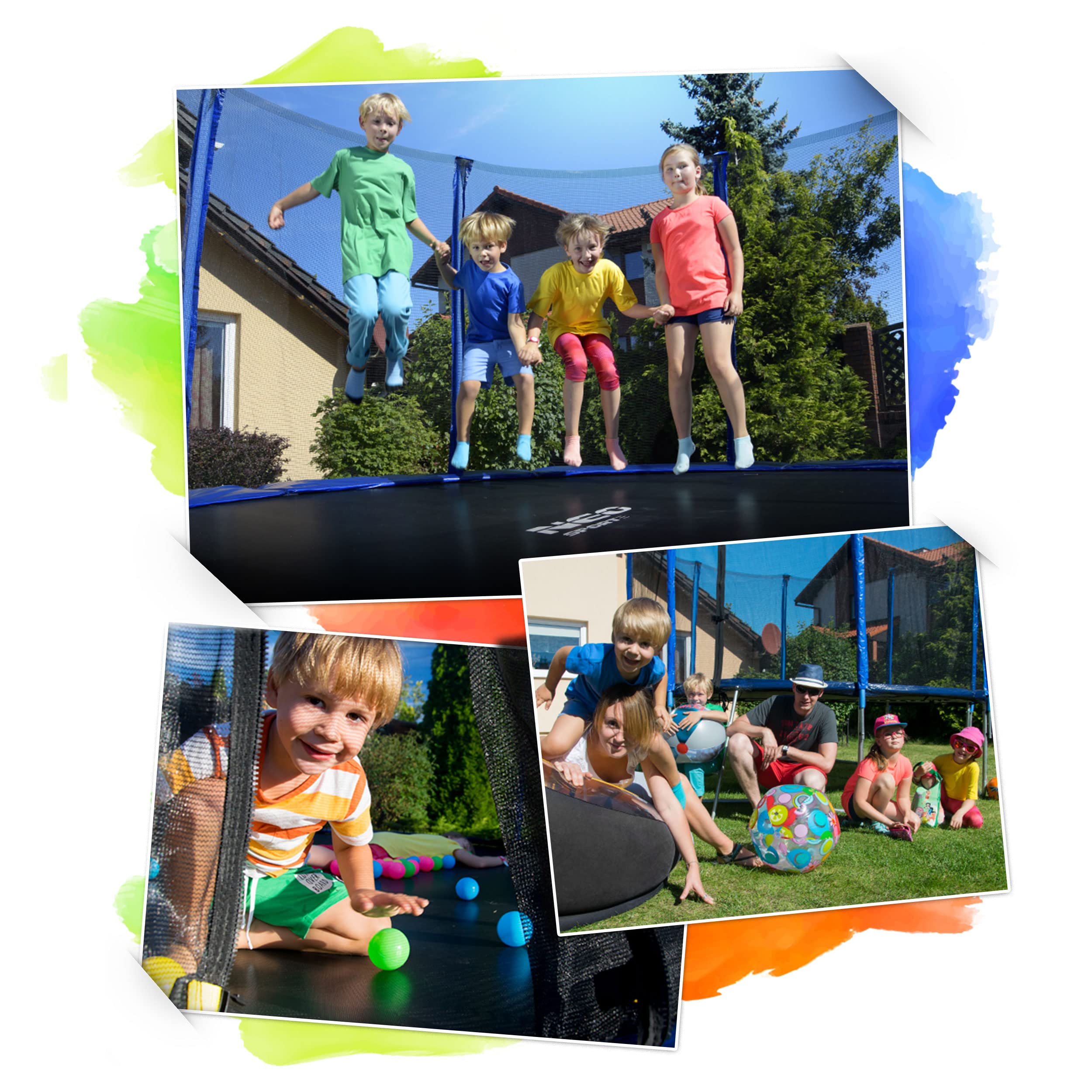 Neo-Sport Trampolin Outdoor Kinder Kleine Gartentrampolin Sicherheitsnetz Außen Leiter Gepolsterte Stangen Wetterfest Rostfrei Blau Schwarz