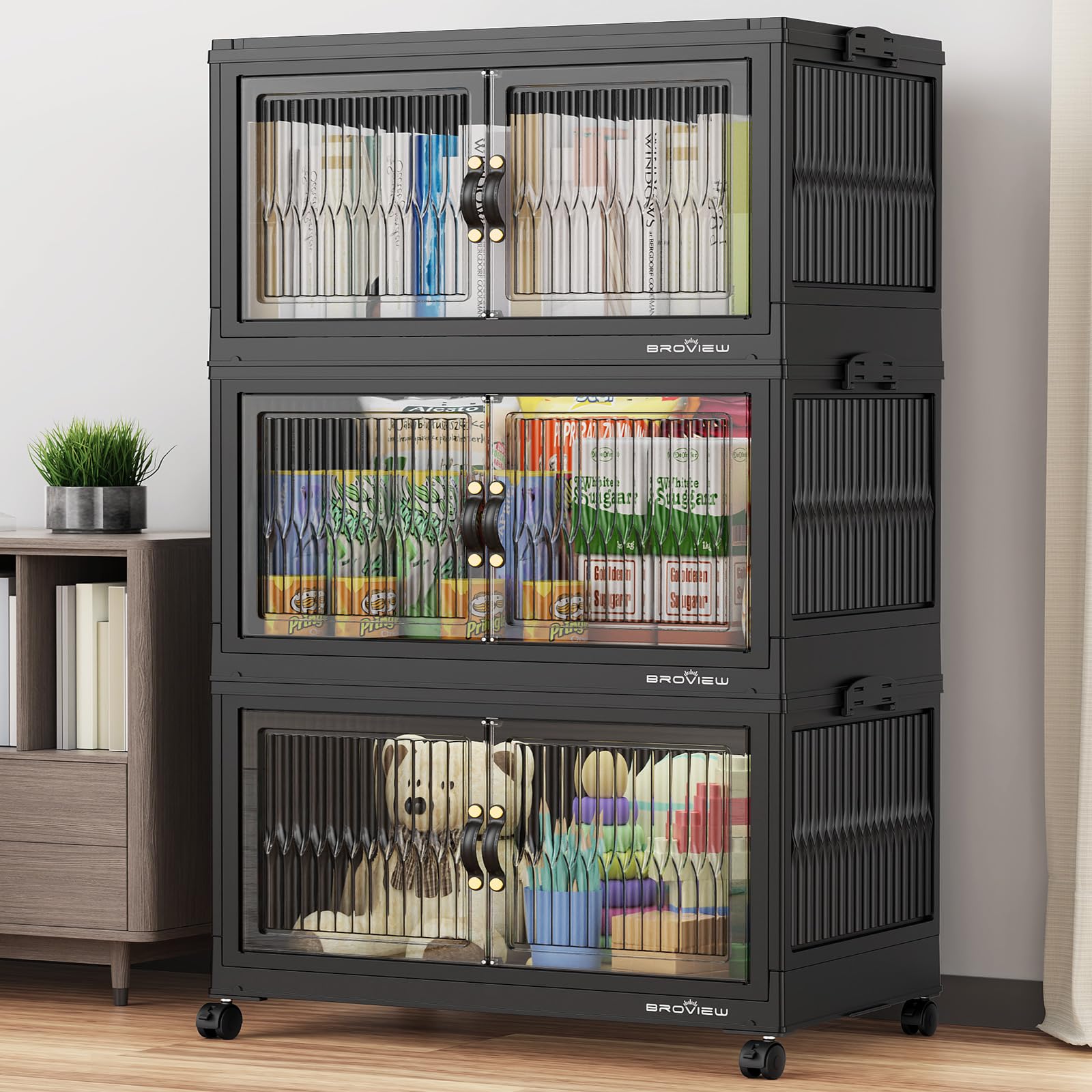 BROVIEW 360Qt Stackable Storage Bins with Lid for Home Dorm, 3Pack Black