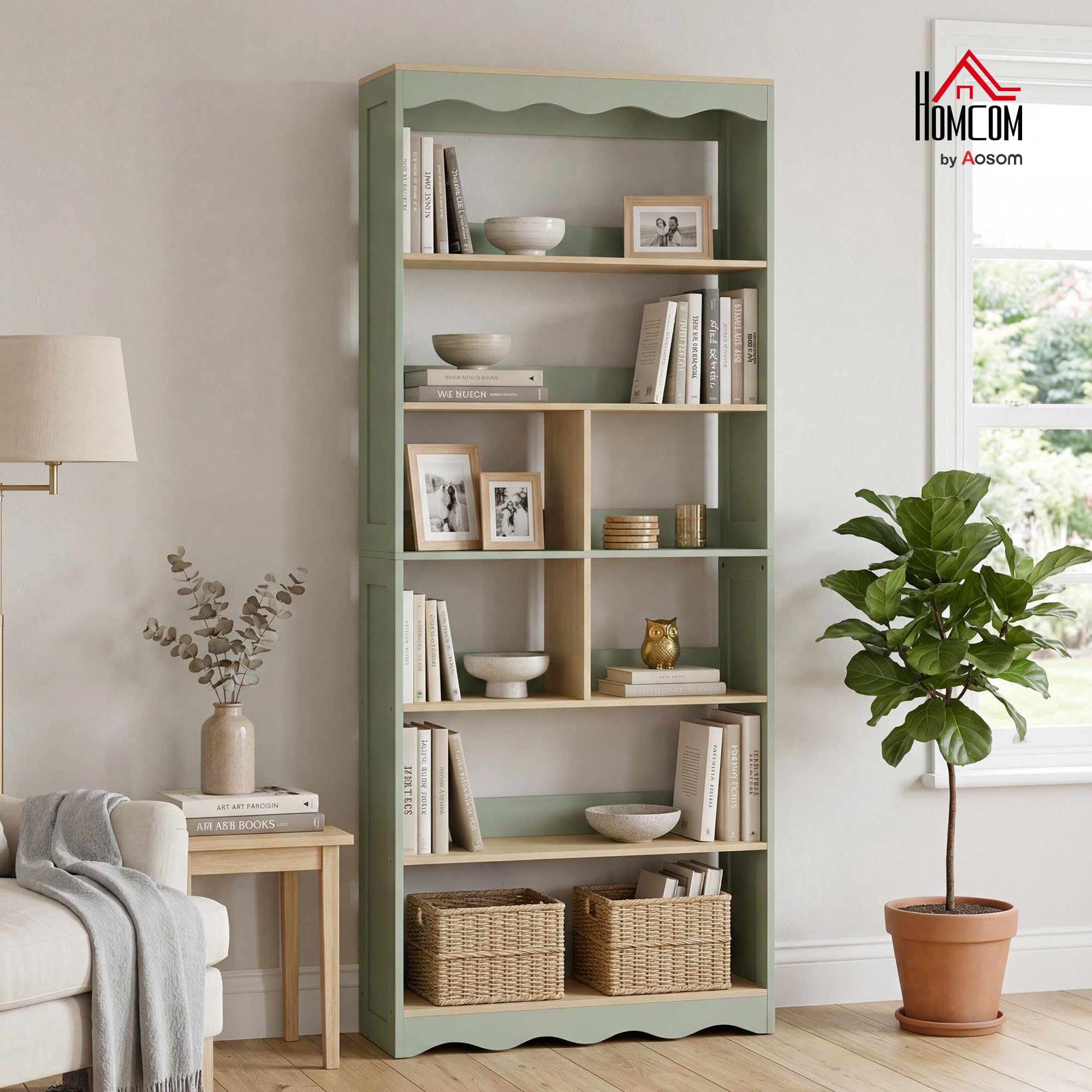 HOMCOM Bibliothèque, étagère de Rangement à 6 Niveaux avec 6 Compartiments Ouverts, Meuble de Rangement pour Salon, Bureau, Chambre, 76 x 23,8 x 180 cm, Bois Naturel et Vert