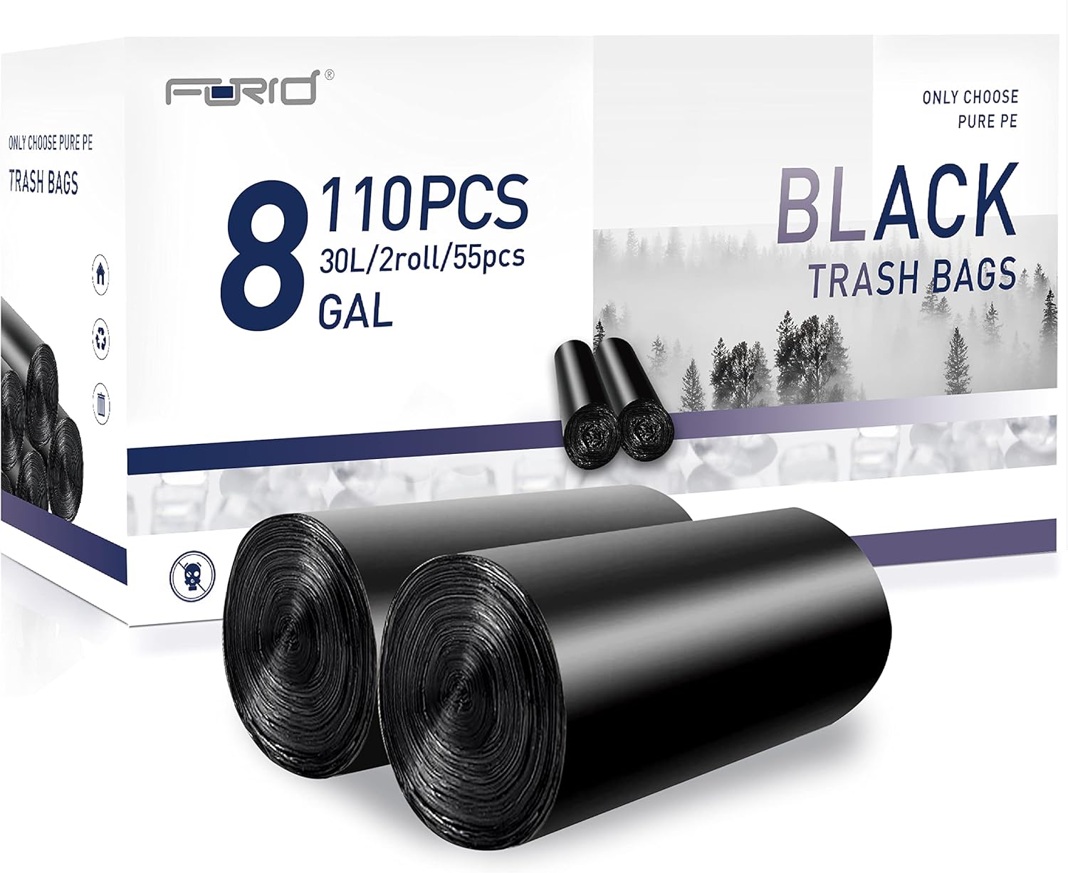 FORID Medium Black Trash Bags 8 Gallon Plastic Garbage