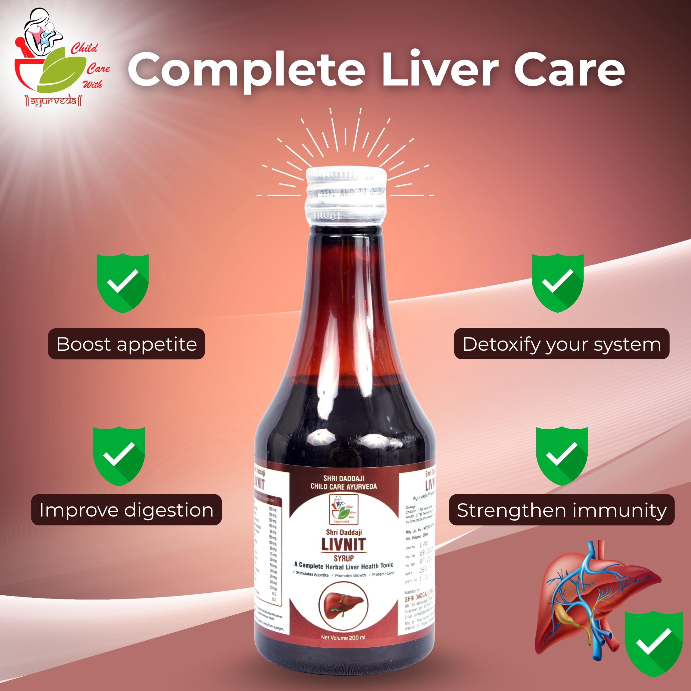Shri Daddaji LIVNIT Syrup 200ml | Ayurvedic Liver Health Tonic | Herbal Detox for Healthy Liver, Digestion & Immunity | Boosts Appetite & Promotes Growth | Natural & Safe for All Ages - Image 5 thumbnail