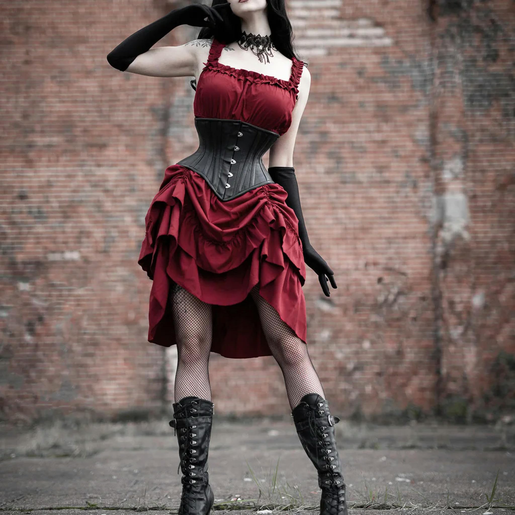 Damenkleid, Gerafftes Kleid, quadratischer Ausschnitt, gesmokte Taille, Kleider, Gothic-Steampunk-Rock, asymmetrisch, hoch – Pink-XL