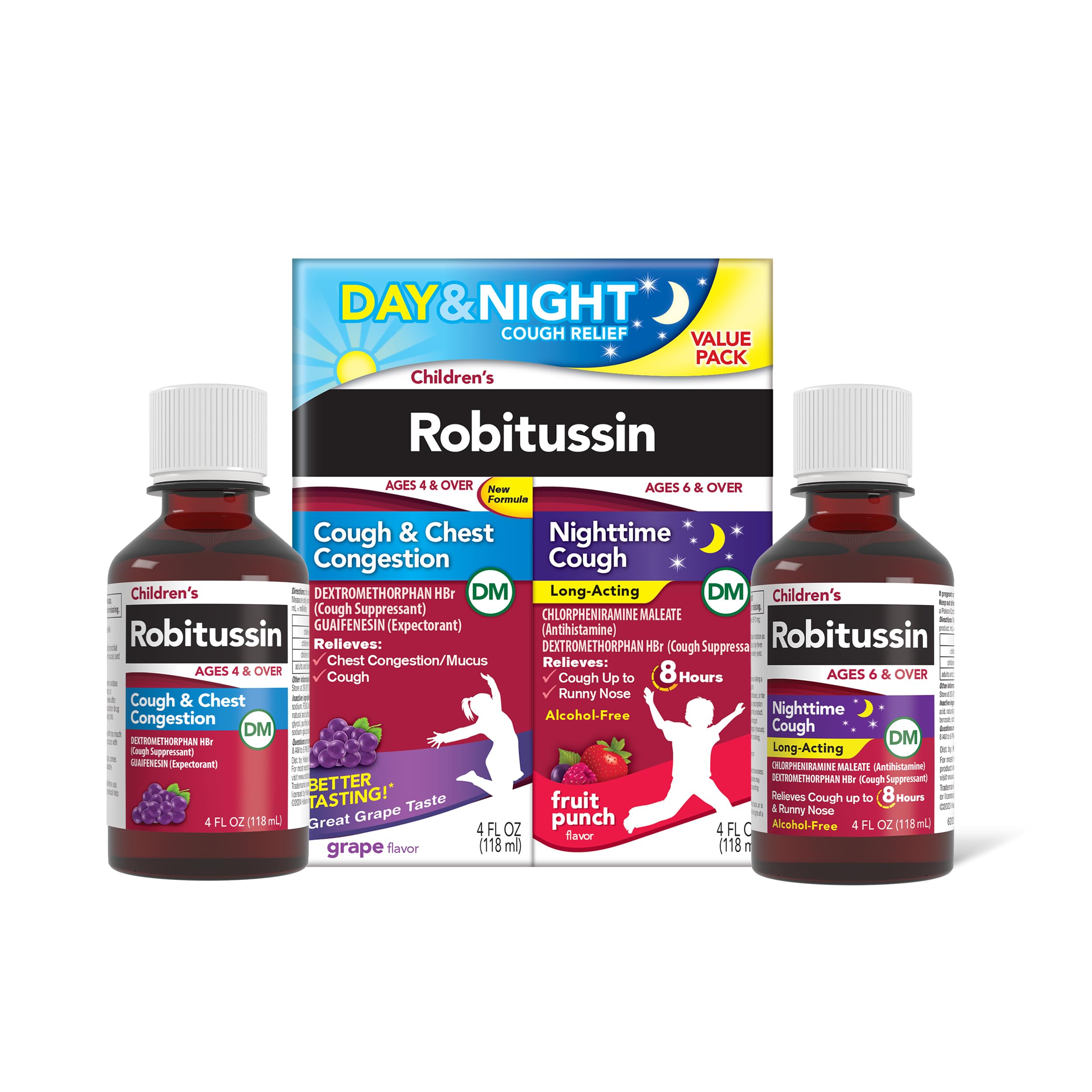 Children's Robitussin DM Day and Night Cough Relief Value Pack, Cough Medicine, Grape/Fruit Punch Flavor - 4 Fl Oz x 2