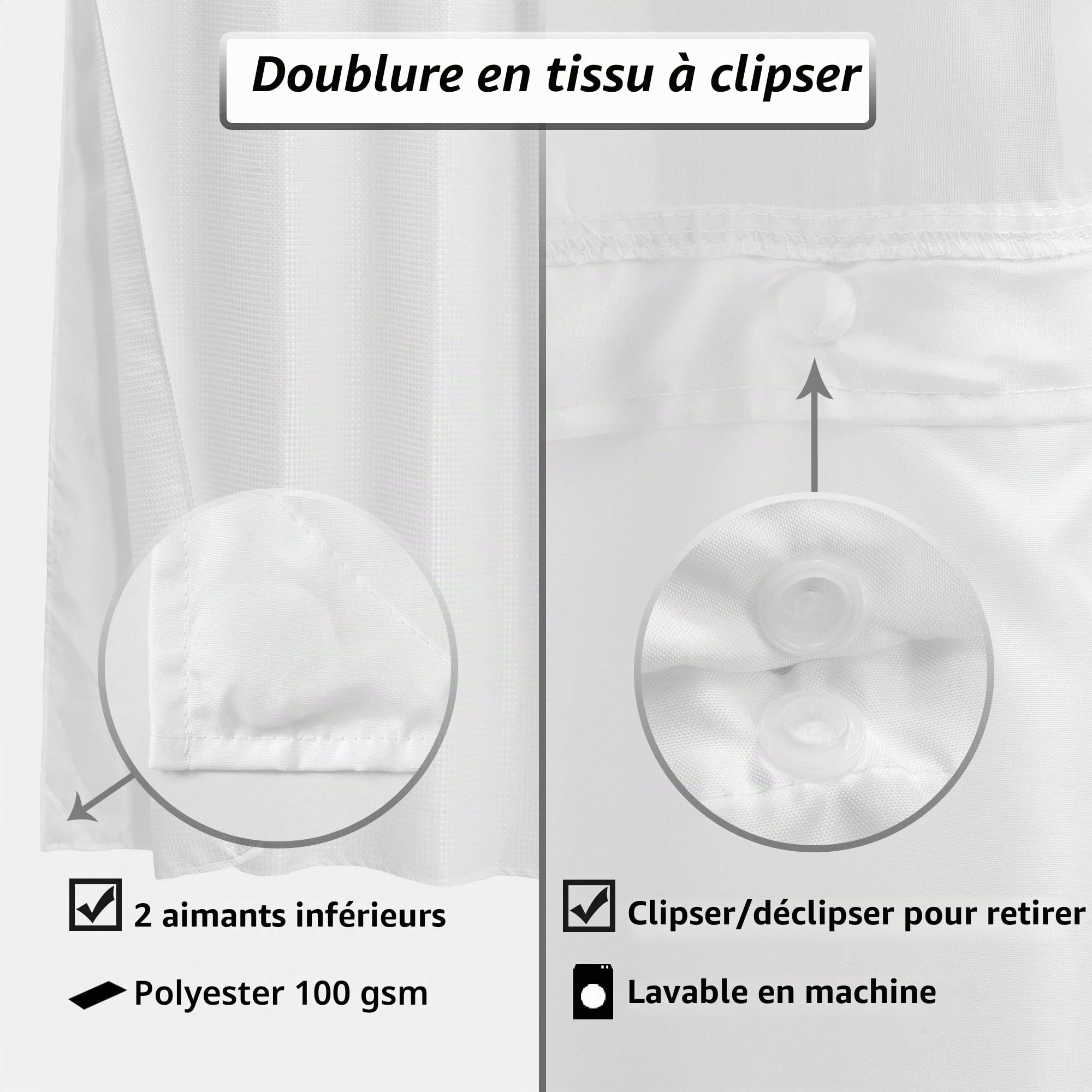 ALYVIA SPRING Rideau de Douche à Tissage gaufré avec Doublure en Tissu à Clipser et Crochets : Style hôtel et fenêtre Transparente, Double Couche et Lavable en Machine pour Un Nettoyage Facile, 180 x