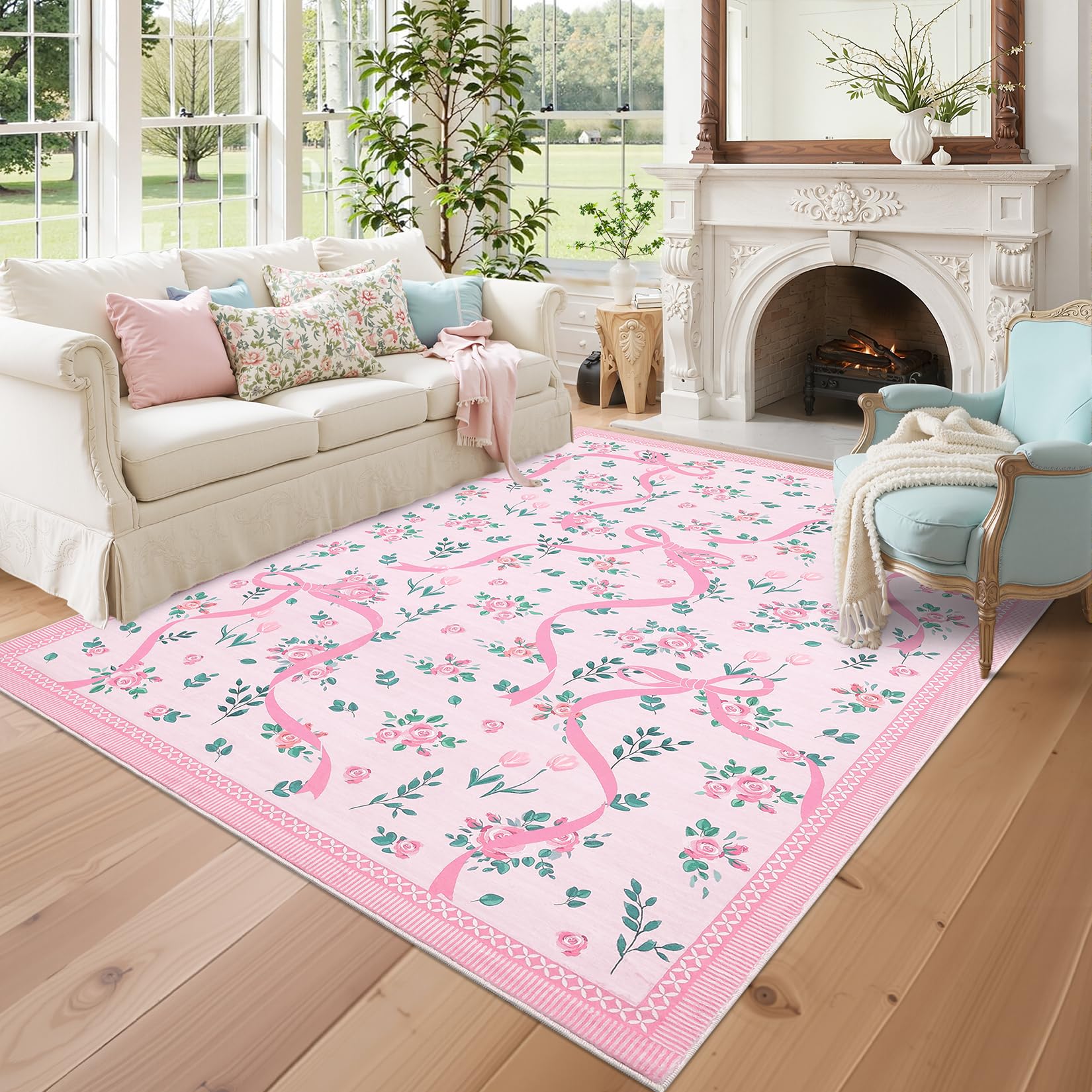 GarveeHome Coquette Pink Rugs for Bedroom Girls, 8x10 Area Rugs for Living Room with Soft Low Pile, Non Slip Floral Bow Washable Rug 8x10 for Nursery