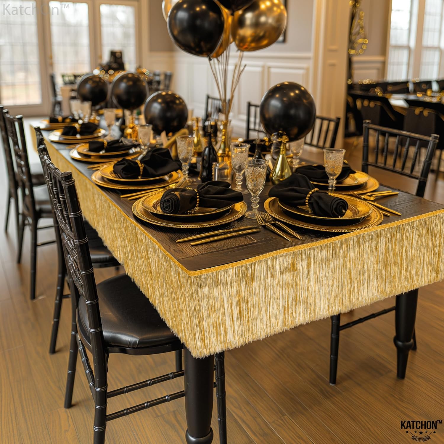KatchOn, New Years Eve Tableware Set - Pack of 178, Serves 25 | New Years Plates and Napkins with Happy New Year Tablecloth | Champagne Gold Fringe Table Garland for New Years Eve Party Supplies 2025