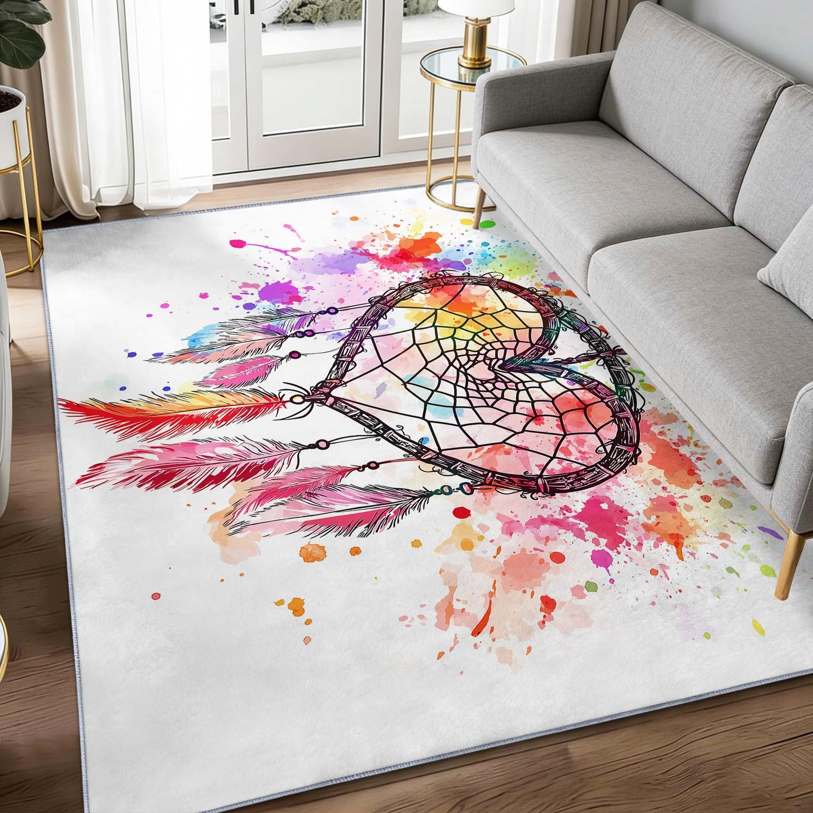 Spirituelle Boho-Kunst 80 x 150 cm Waschbar Teppich Wohnzimmer, Verträumt Traumfänger Federn Textur Rutschfest Teppich Schlafzimmer Mehrfarbig Kurzflor für Kinderzimmer Bettvorleger Spielzimmer