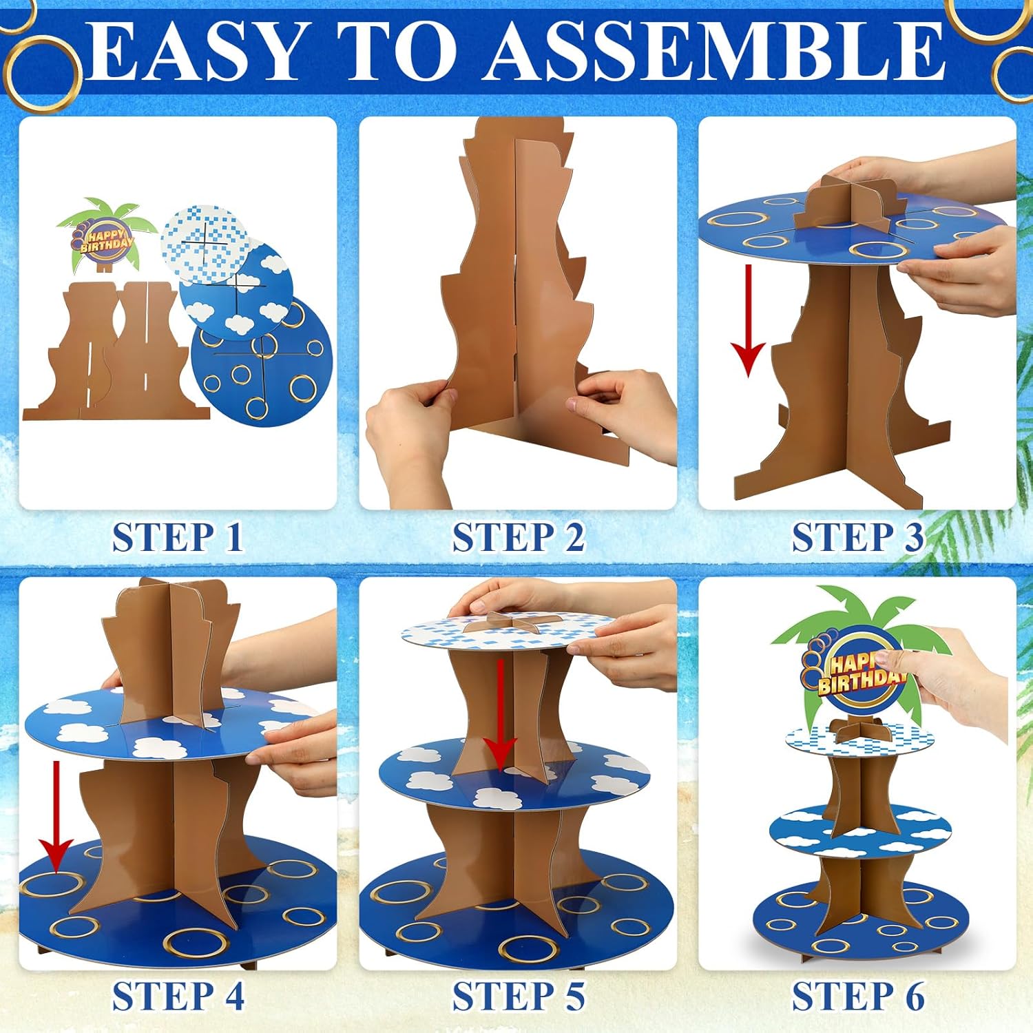 Geelin 2個 3段 ブルーとゴールドリング カートゥーン ラウンド カップケーキスタンド 誕生日 デコレーション 動物 森 リ